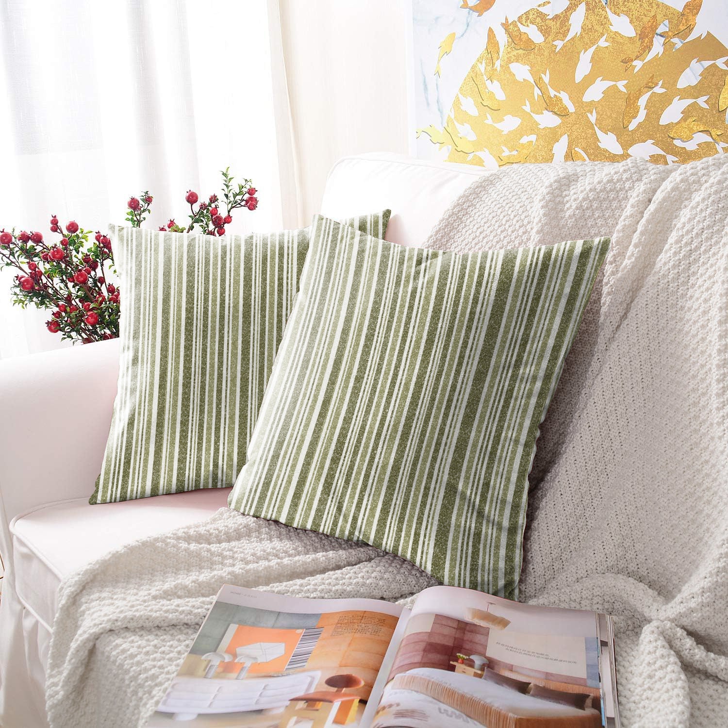 JODHPUR STRIPE DIGITAL PRINTED CUSHION COVER OLIVE (Pack of 2)