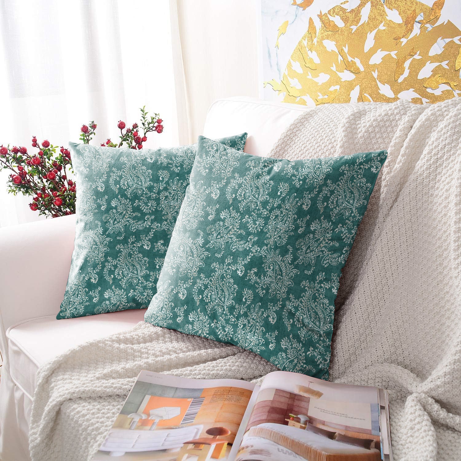 JODHPUR FLOWERS DIGITAL PRINTED CUSHION COVER TEAL (Pack of 2)