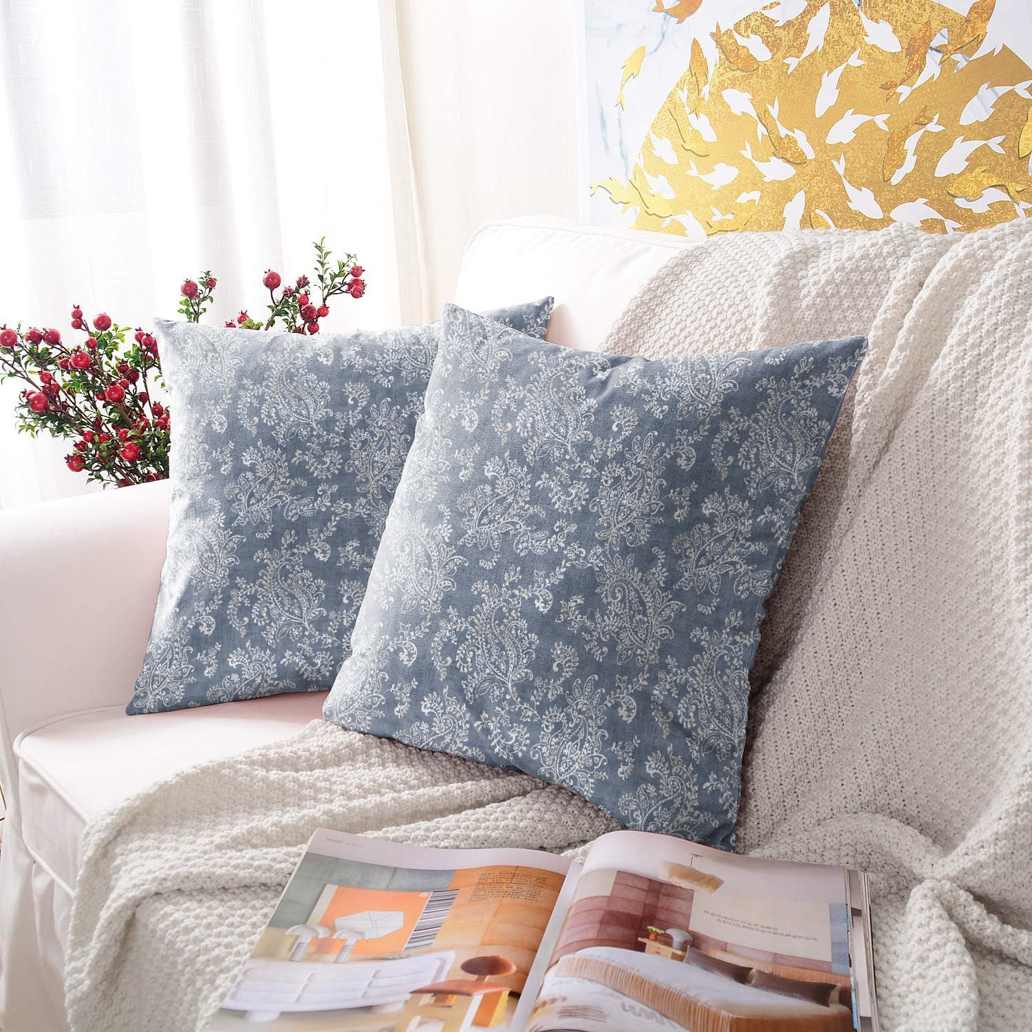 JODHPUR FLOWERS DIGITAL PRINTED CUSHION COVER INDIGO (Pack of 2)