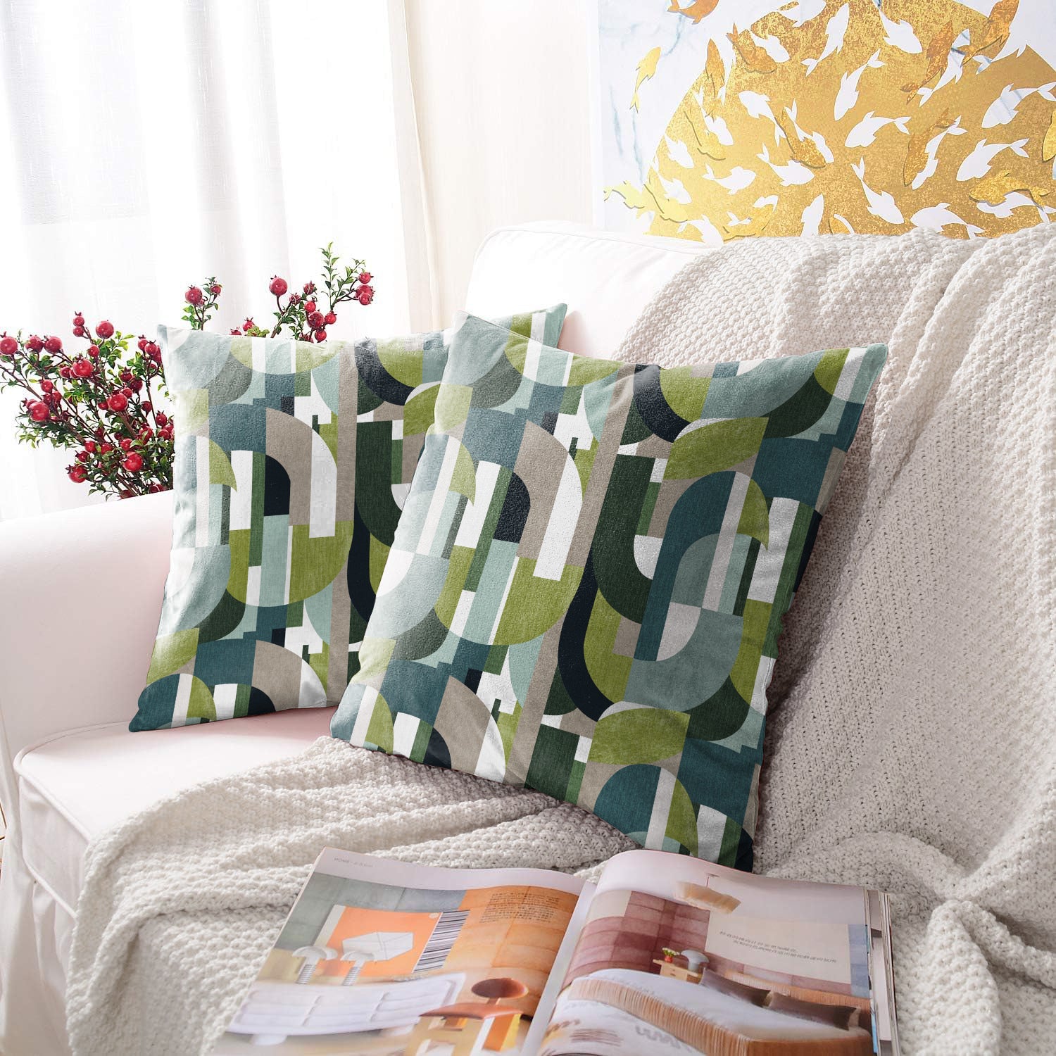 ILLUSION CURVES DIGITAL PRINTED CUSHION COVER TEAL/OLIVE (Pack of 2)