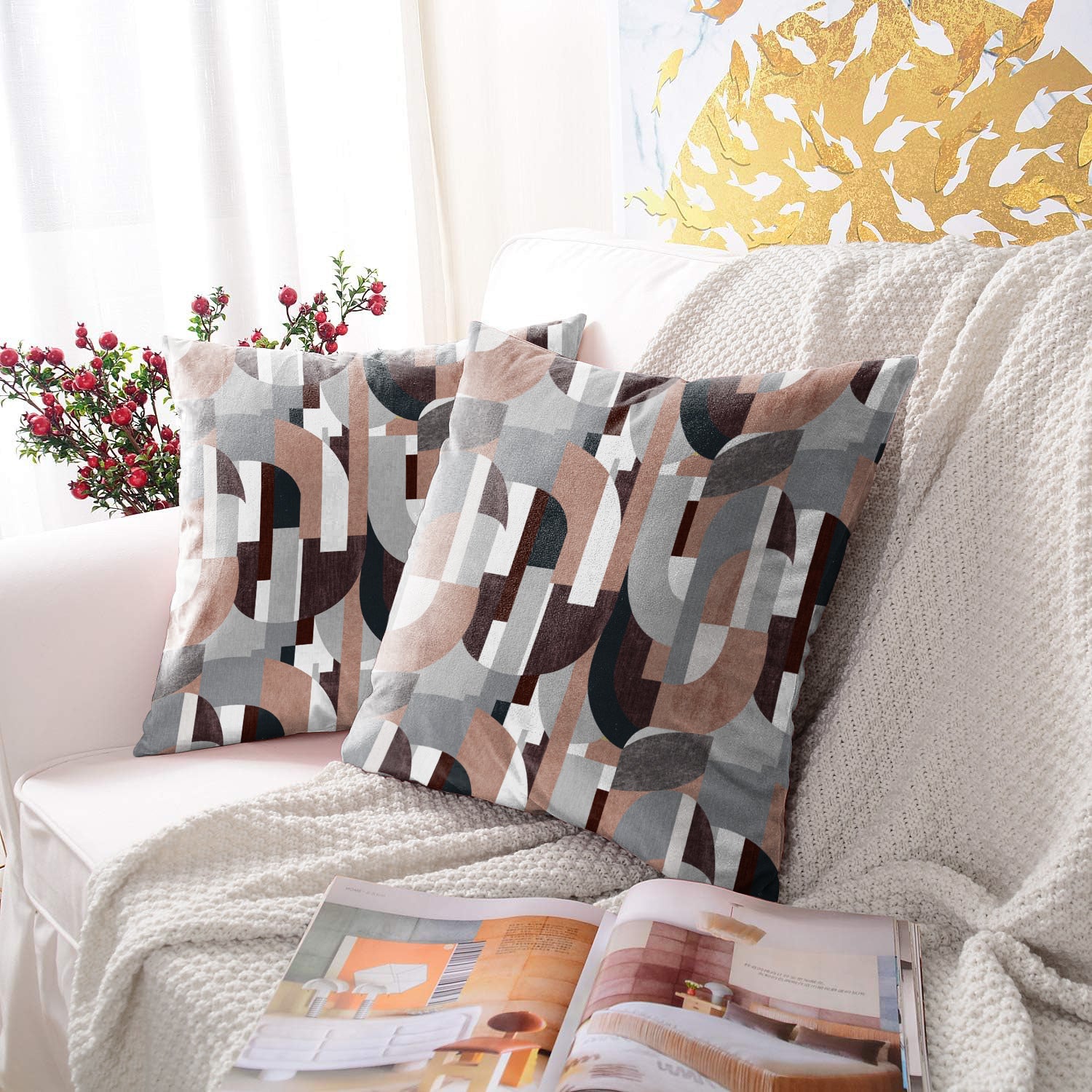 ILLUSION CURVES DIGITAL PRINTED CUSHION COVER BROWN/GREY (Pack of 2)