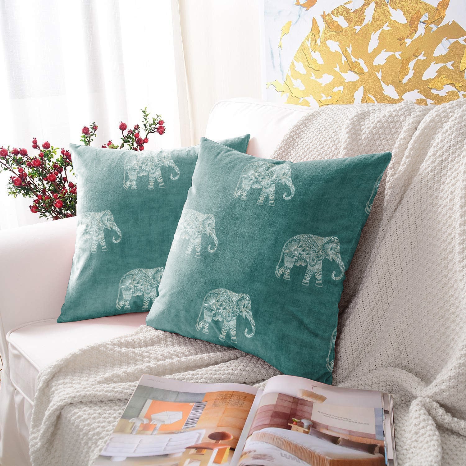 JODHPUR ELEPHANT DIGITAL PRINTED CUSHION COVER TEAL (Pack of 2)