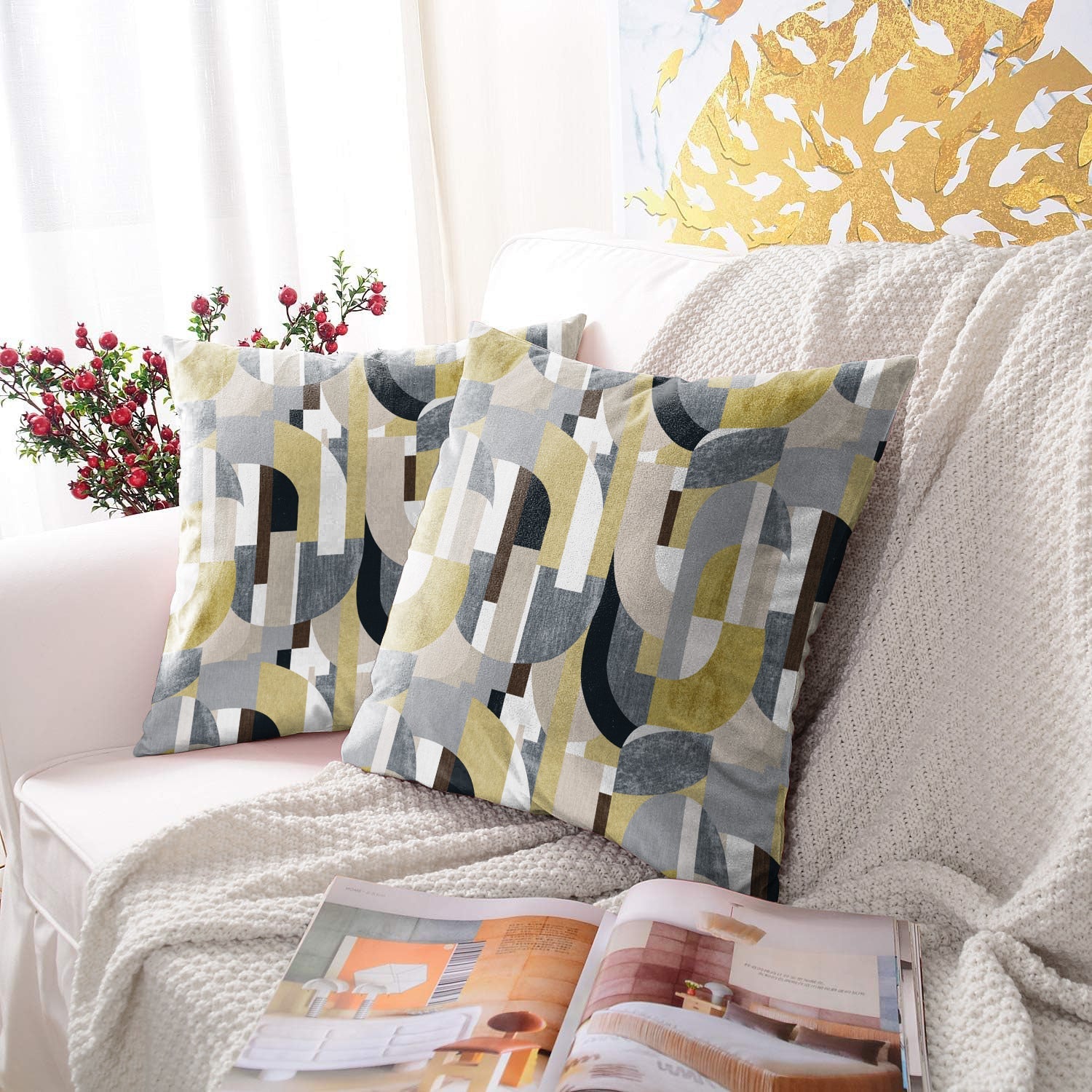 ILLUSION CURVES DIGITAL PRINTED CUSHION COVER YELLOW/GREY (Pack of 2)
