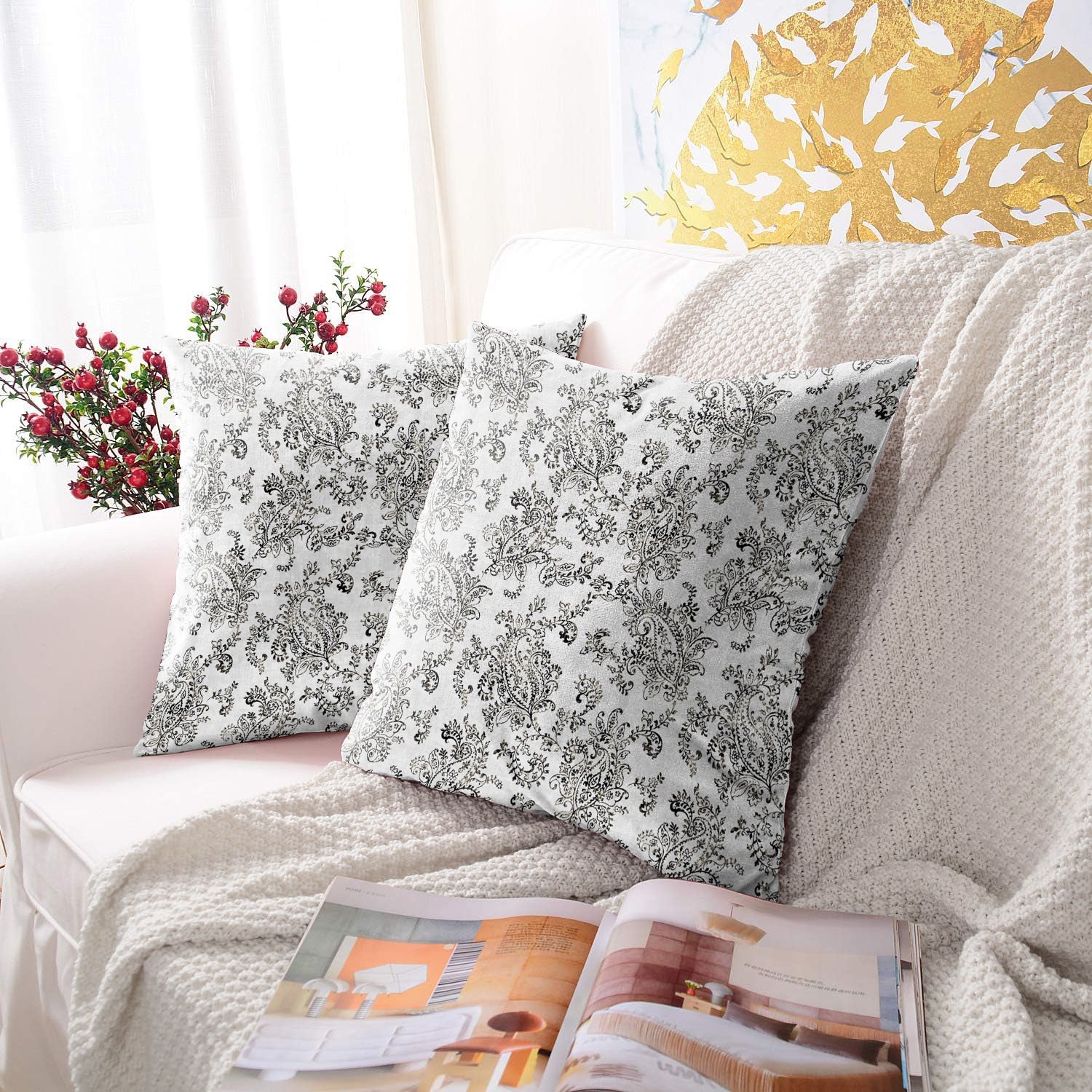 JODHPUR FLOWERS DIGITAL PRINTED CUSHION COVER WHITE AND BLACK (Pack of 2)