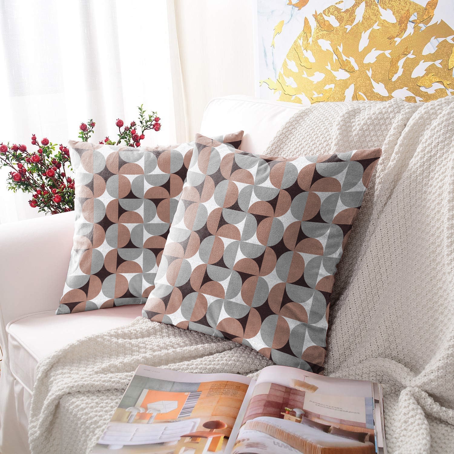 ILLUSION CIRCLE DIGITAL PRINTED CUSHION COVER BROWN/GREY (Pack of 2)