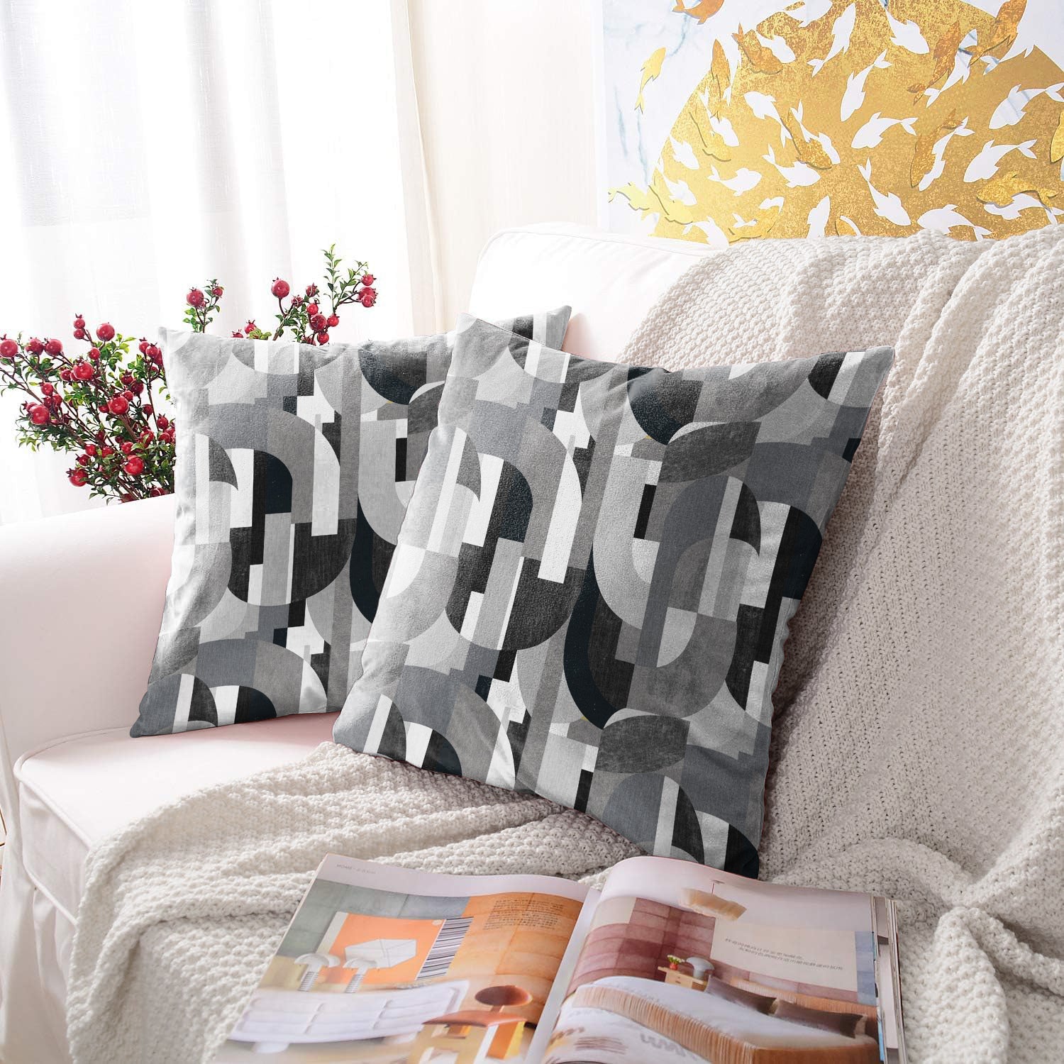 ILLUSION CURVES DIGITAL PRINTED CUSHION COVER BLACK/GREY (Pack of 2)