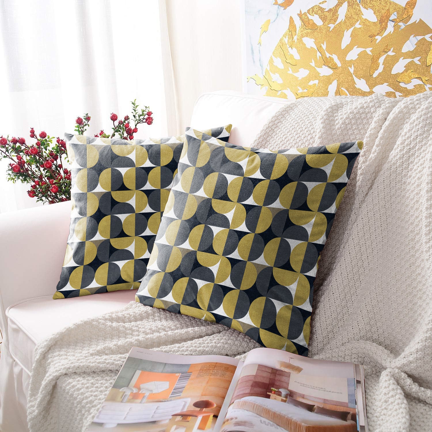 ILLUSION CIRCLE DIGITAL PRINTED CUSHION COVER YELLOW/BLACK (Pack of 2)