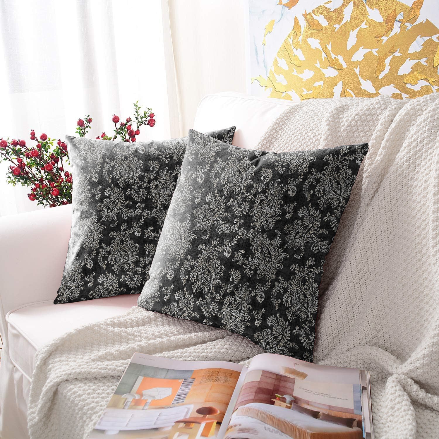 JODHPUR FLOWERS DIGITAL PRINTED CUSHION COVER BLACK (Pack of 2)