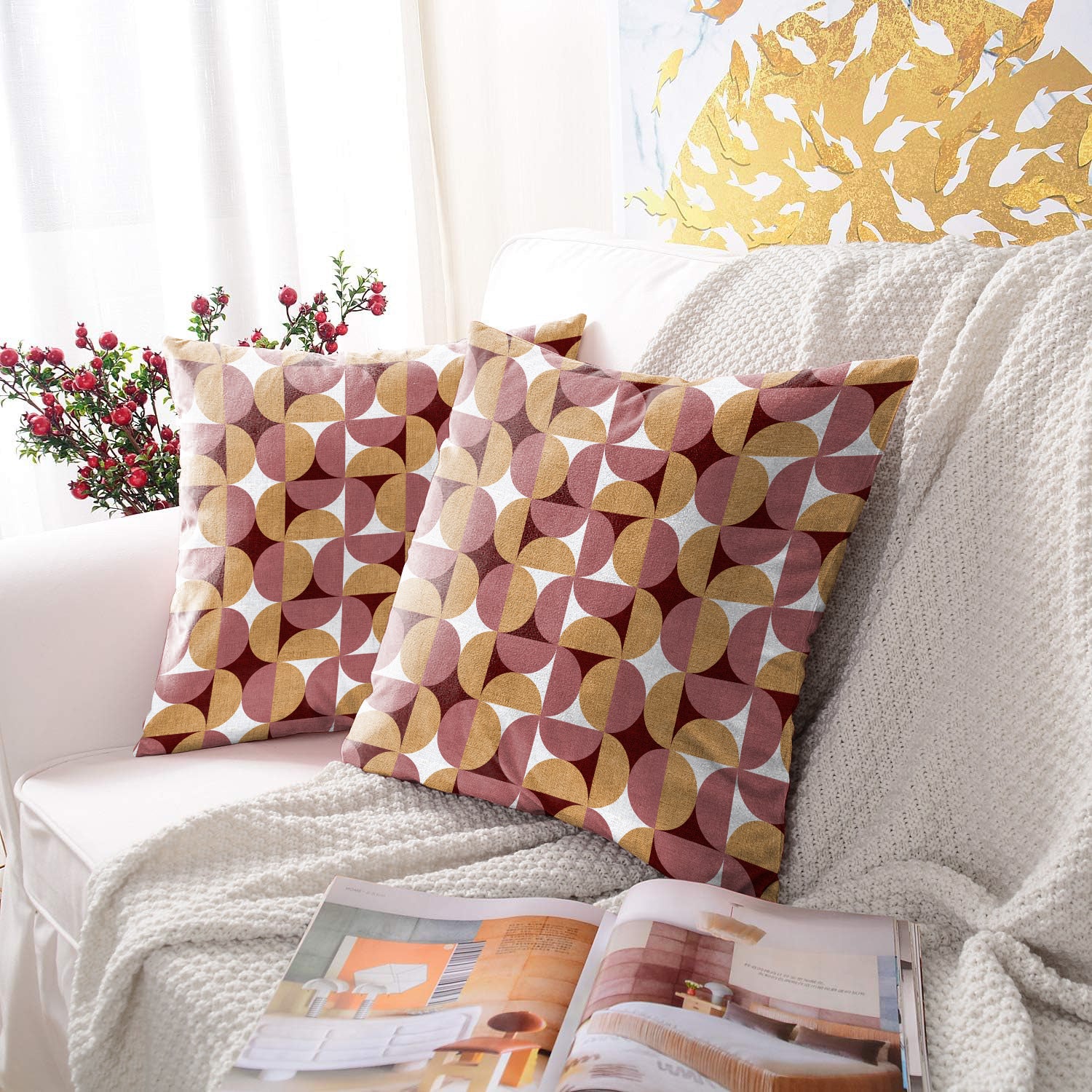 ILLUSION CIRCLE DIGITAL PRINTED CUSHION COVER CAMEL/PINK (Pack of 2)