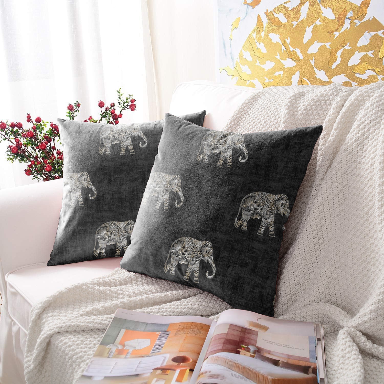 JODHPUR ELEPHANT DIGITAL PRINTED CUSHION COVER BLACK (Pack of 2)