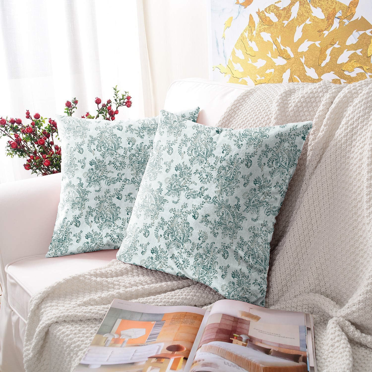 JODHPUR FLOWERS DIGITAL PRINTED CUSHION COVER WHITE AND TEAL (Pack of 2)