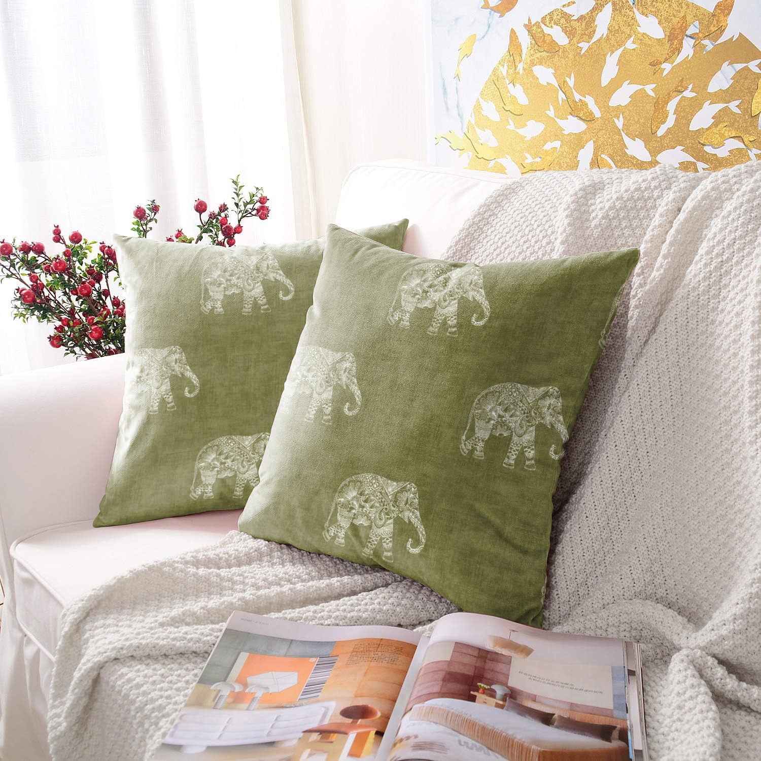 JODHPUR ELEPHANT DIGITAL PRINTED CUSHION COVER OLIVE (Pack of 2)