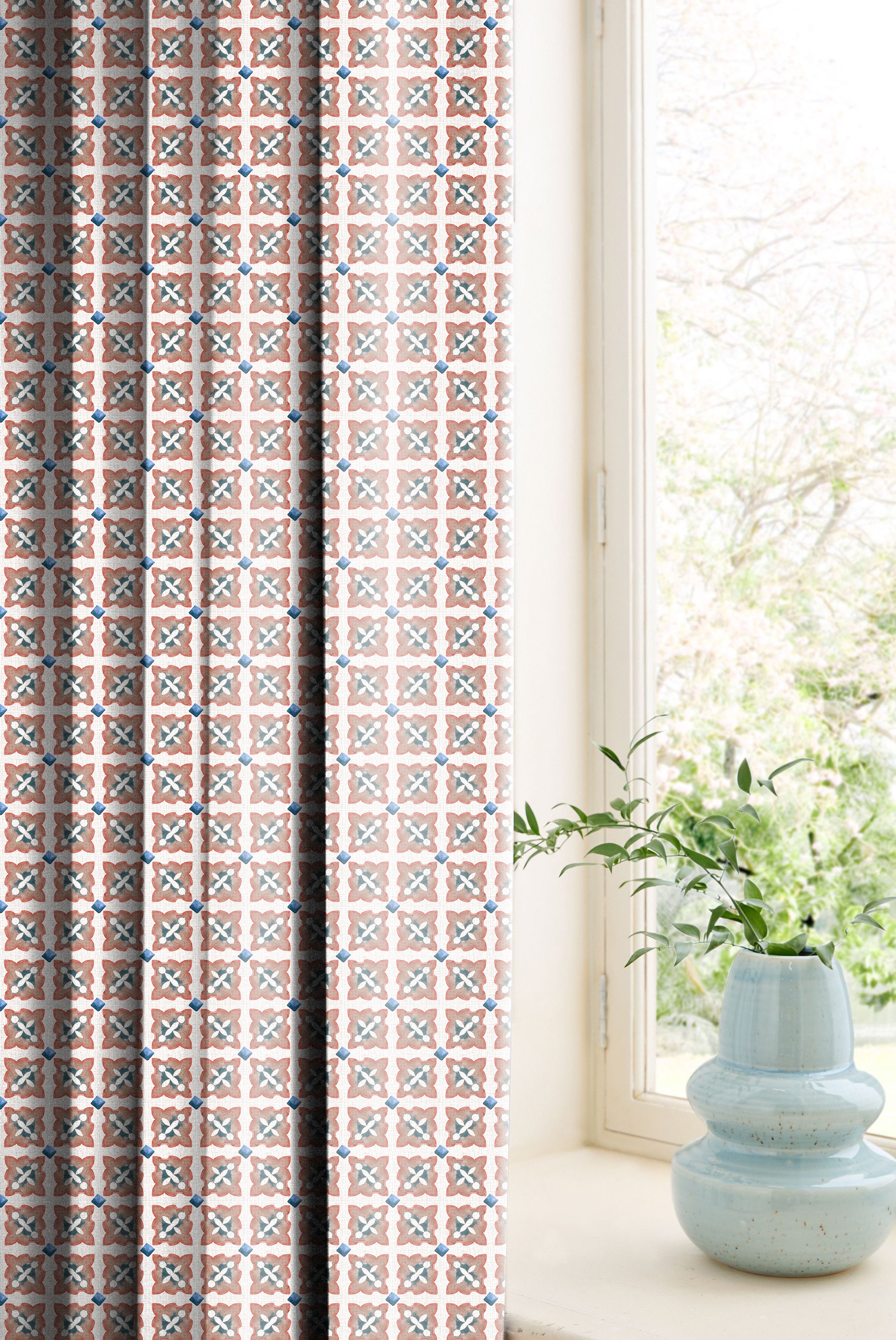 DOHA DARK BLUE ROOM DARKENING PRINTED CURTAIN