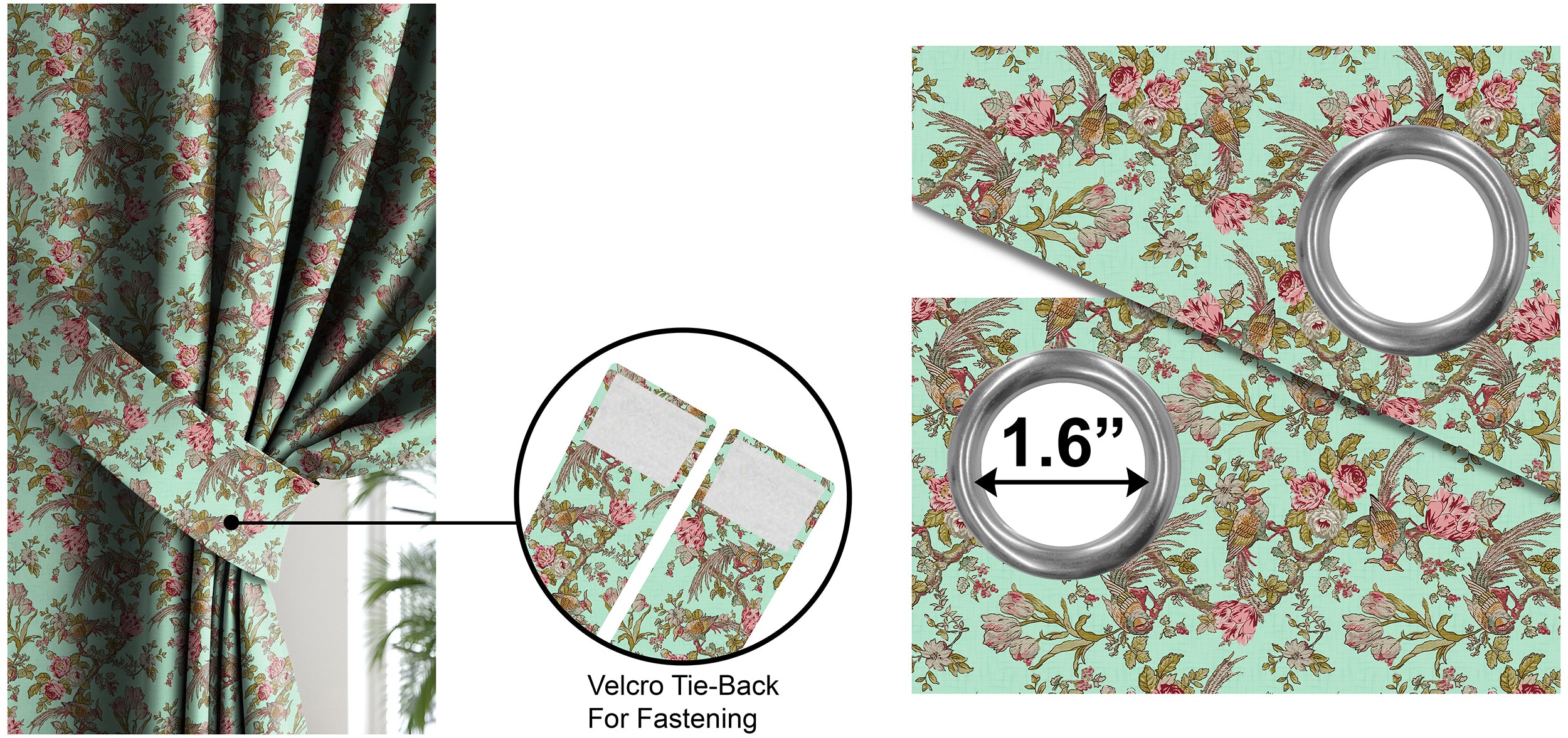 WOODLAND BIRDS SEA GREEN PINK BLACKOUT CURTAIN