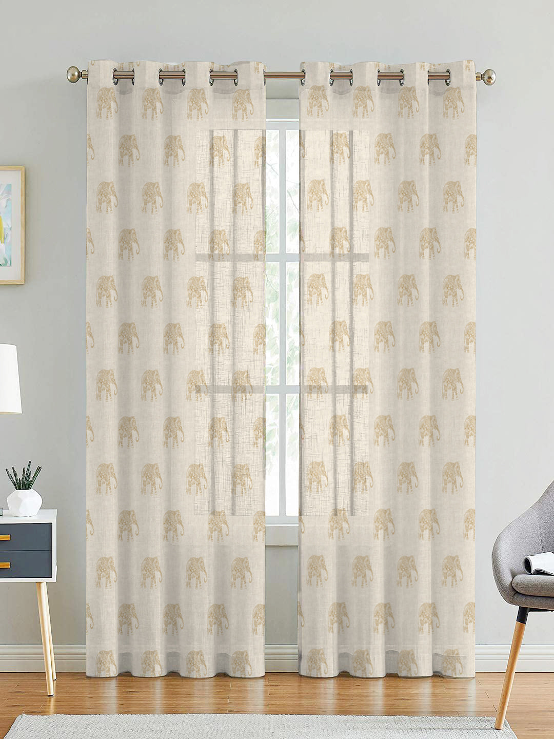 JODHPUR ELEPHANT LINEN PRINTED SHEER CURTAIN BISCUIT