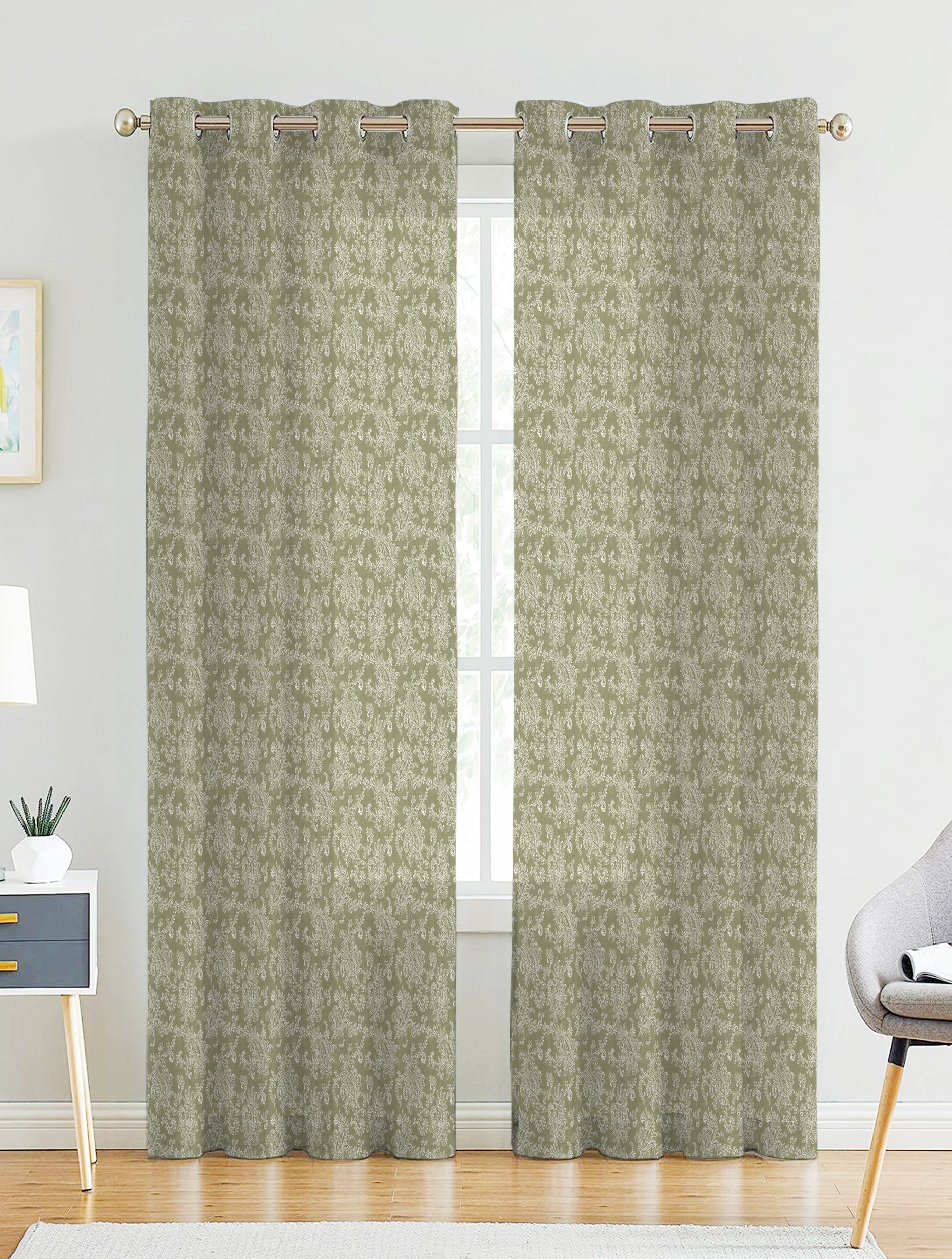 JODHPUR FLOWERS LINEN PRINTED SHEER CURTAIN OLIVE