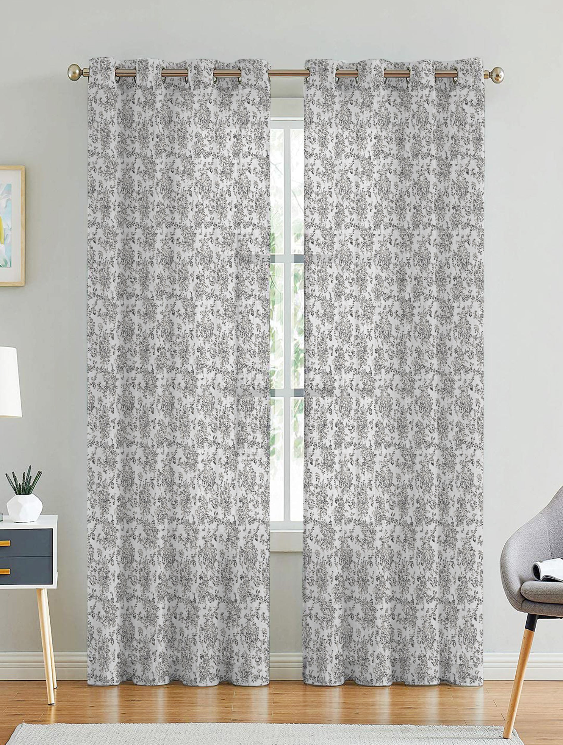 JODHPUR FLOWERS LINEN PRINTED SHEER CURTAIN WHITE AND BLACK