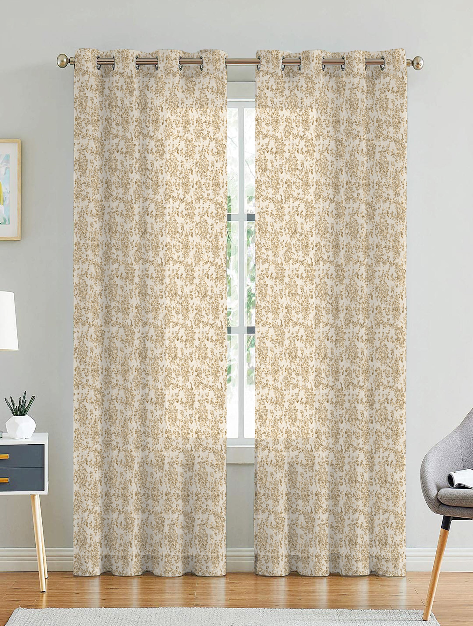 JODHPUR FLOWERS LINEN PRINTED SHEER CURTAIN WHITE AND CAMEL