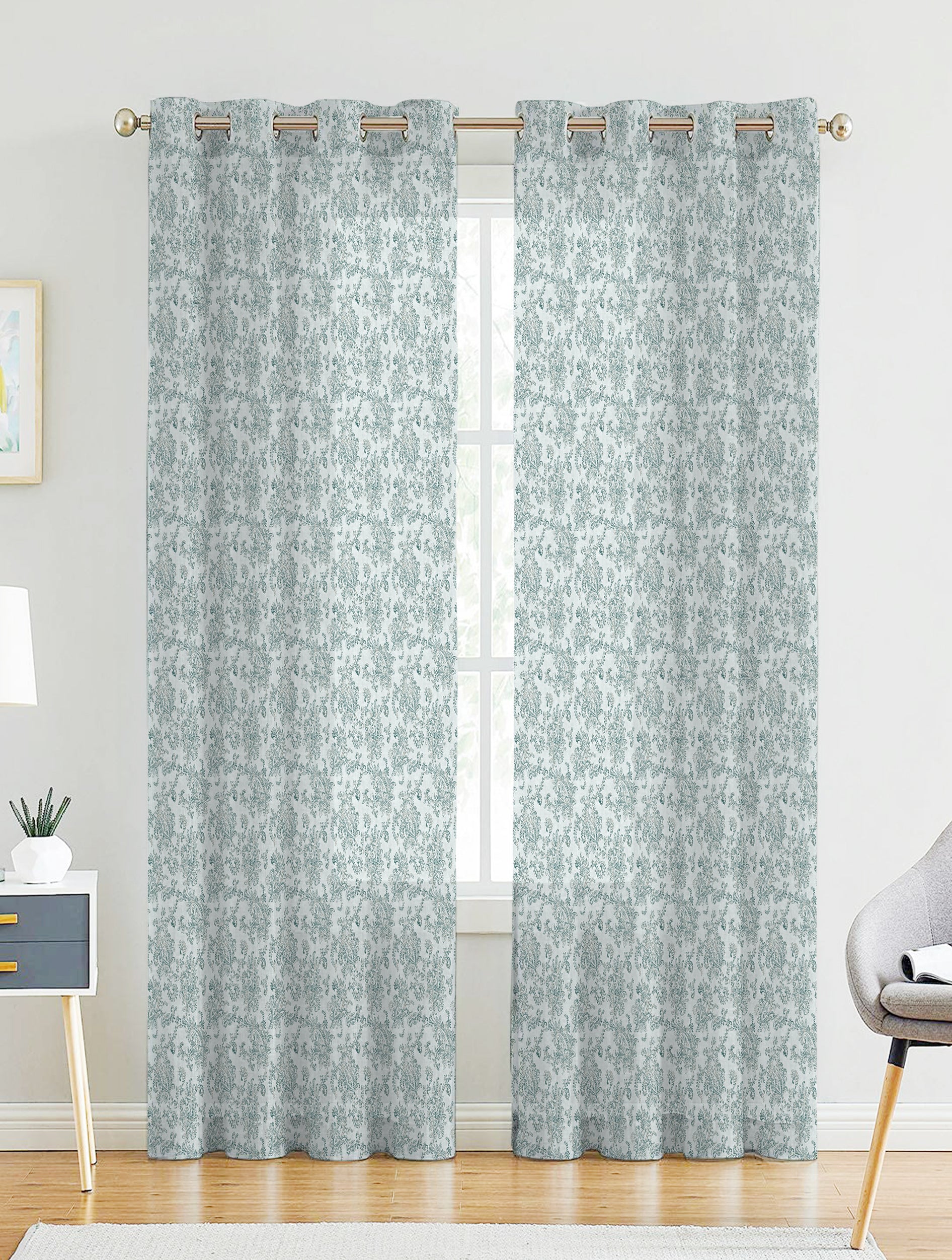 JODHPUR FLOWERS LINEN PRINTED SHEER CURTAIN WHITE AND TEAL