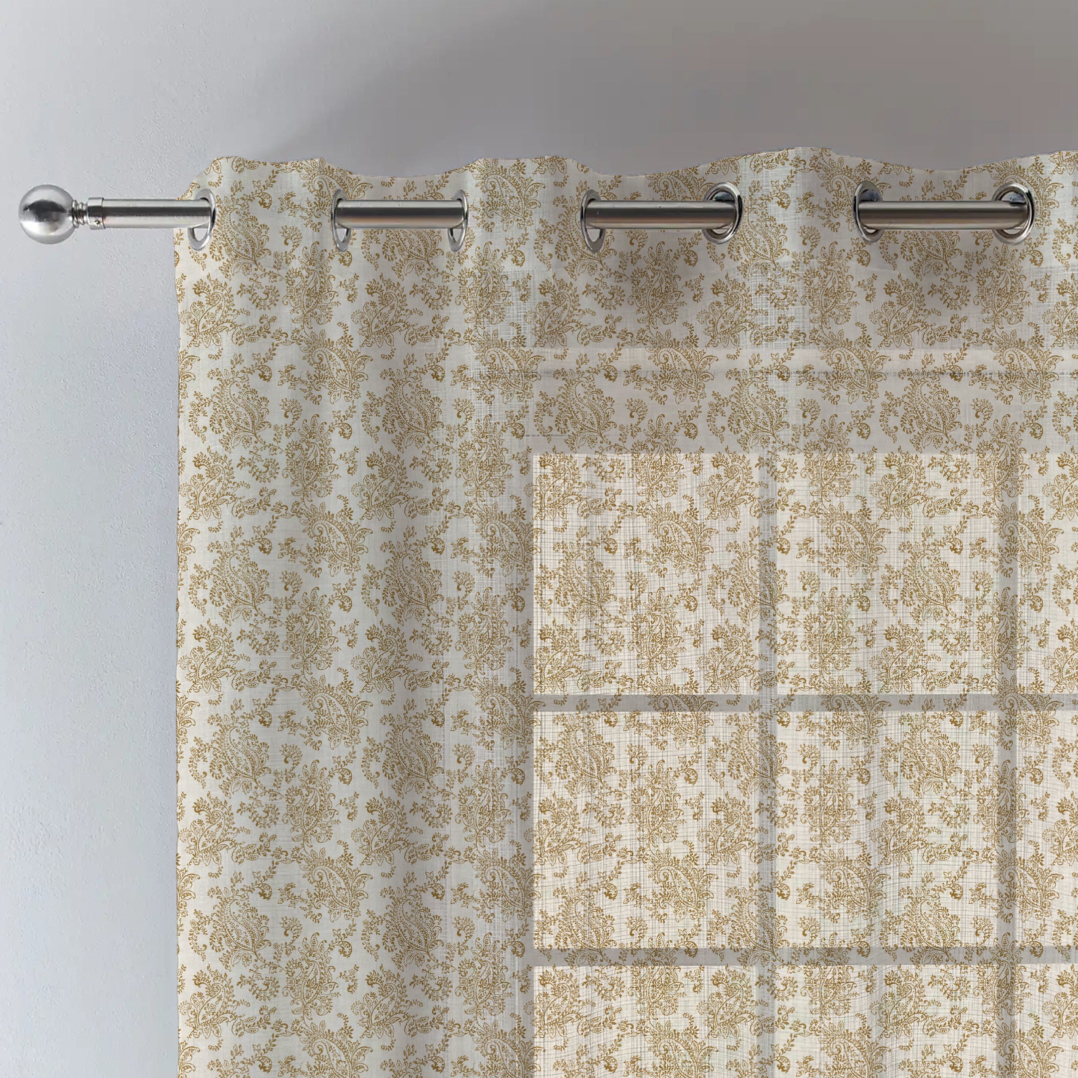 JODHPUR FLOWERS LINEN PRINTED SHEER CURTAIN WHITE AND CAMEL
