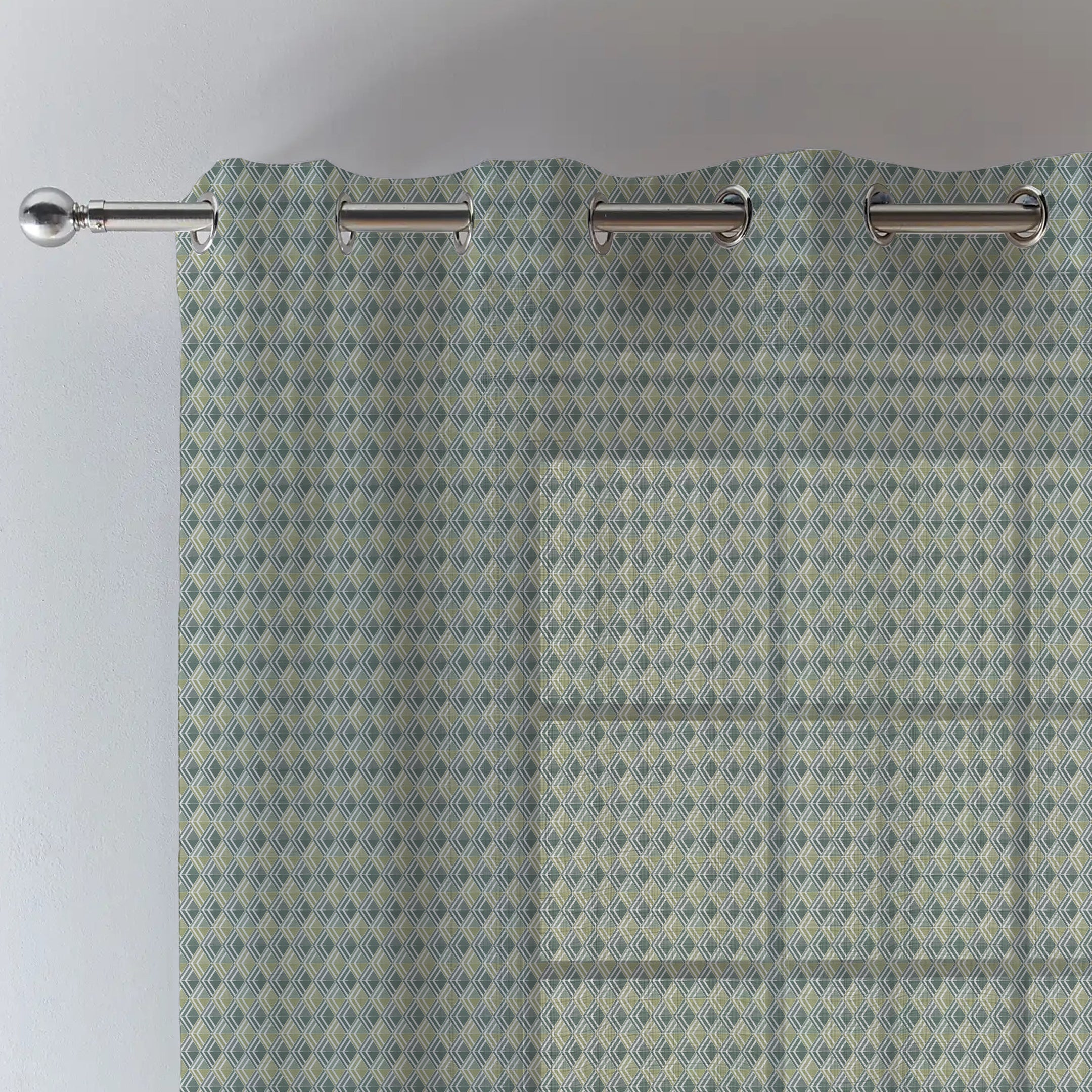 ILLUSION MULTI TRIANGLE LINEN PRINTED SHEER CURTAIN OLIVE/GREEN