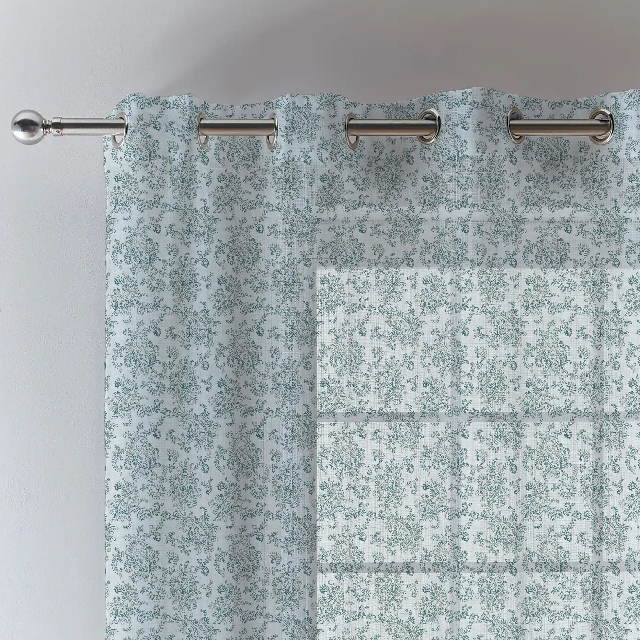 JODHPUR FLOWERS LINEN PRINTED SHEER CURTAIN WHITE AND TEAL