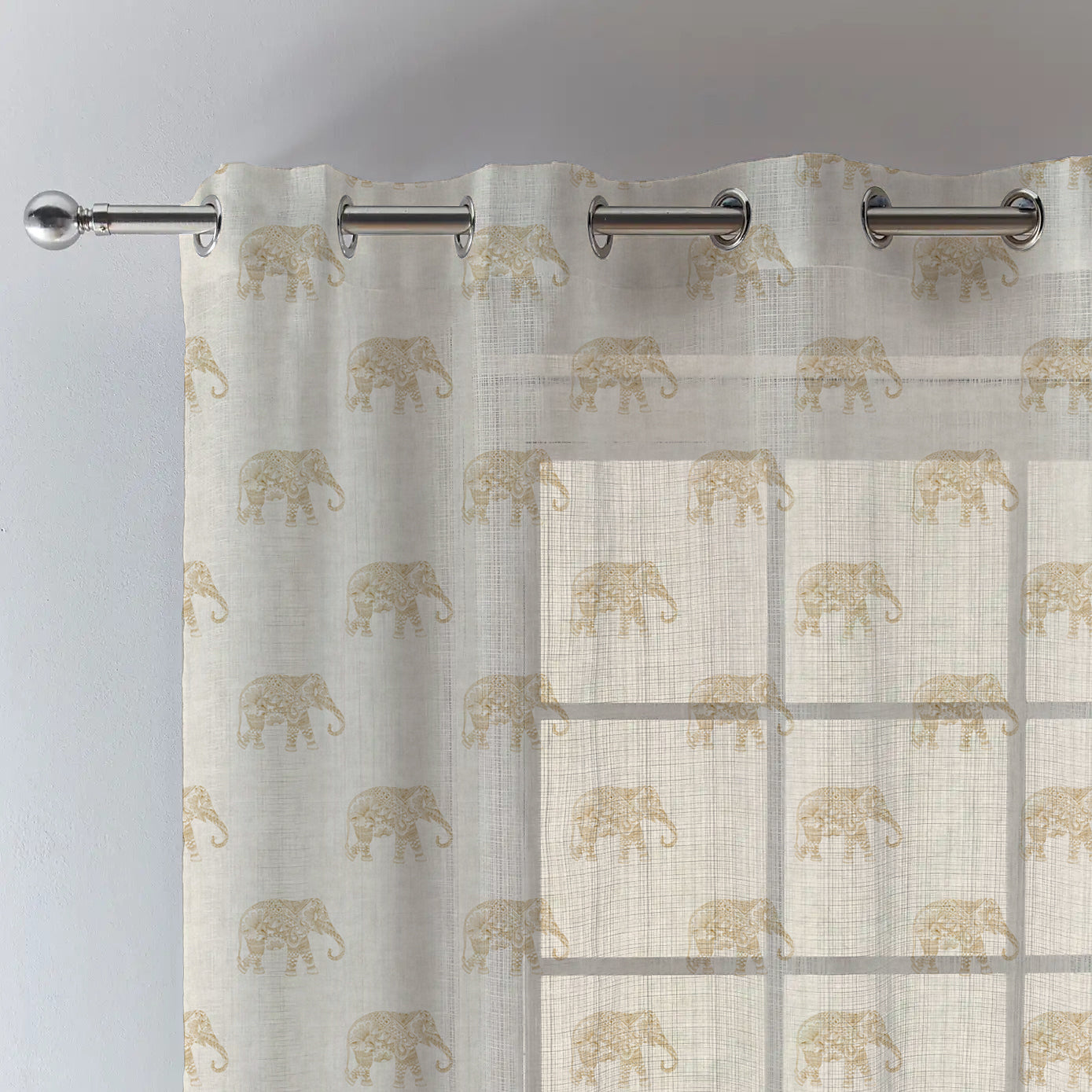 JODHPUR ELEPHANT LINEN PRINTED SHEER CURTAIN BISCUIT