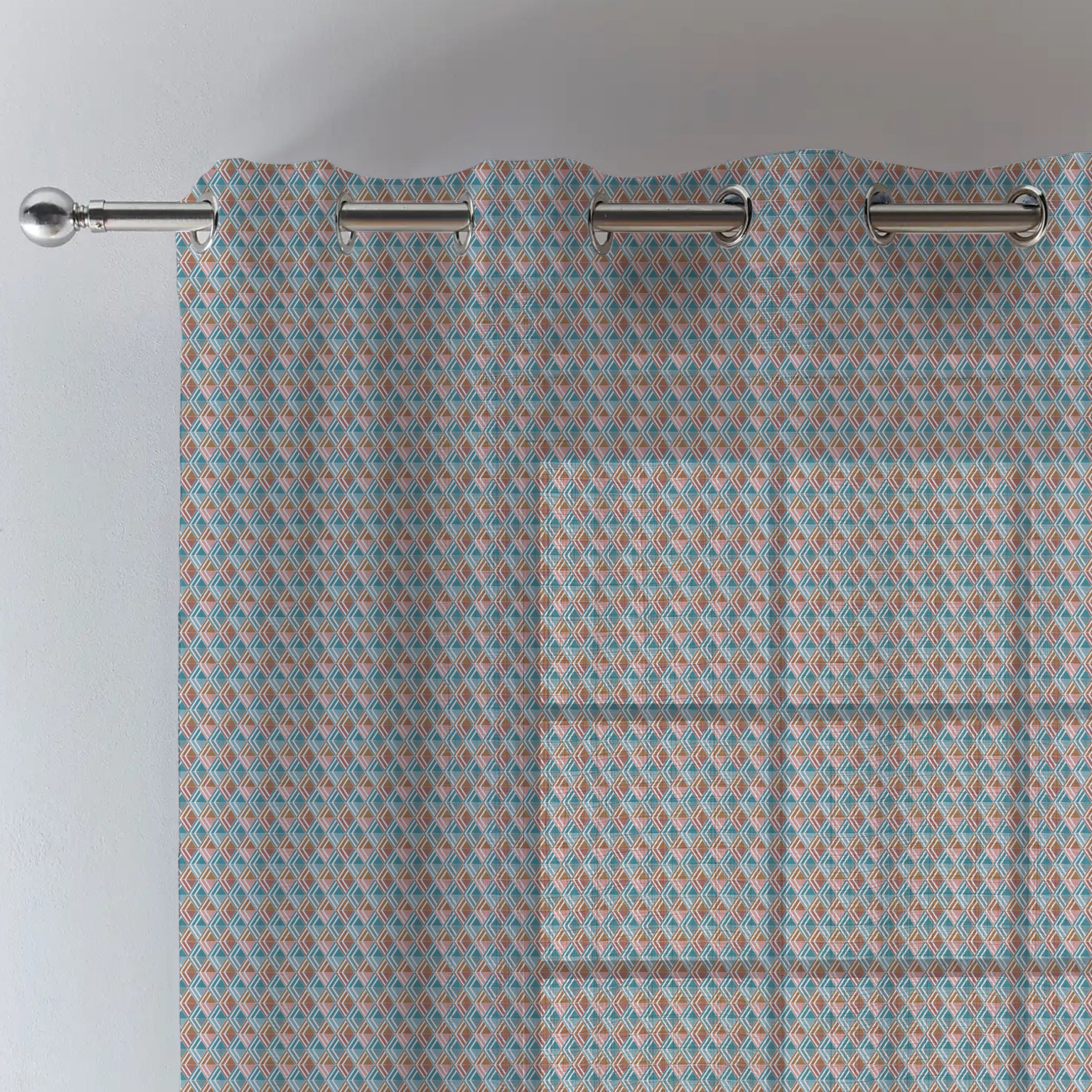 ILLUSION MULTI TRIANGLE LINEN PRINTED SHEER CURTAIN CAMEL/PINK