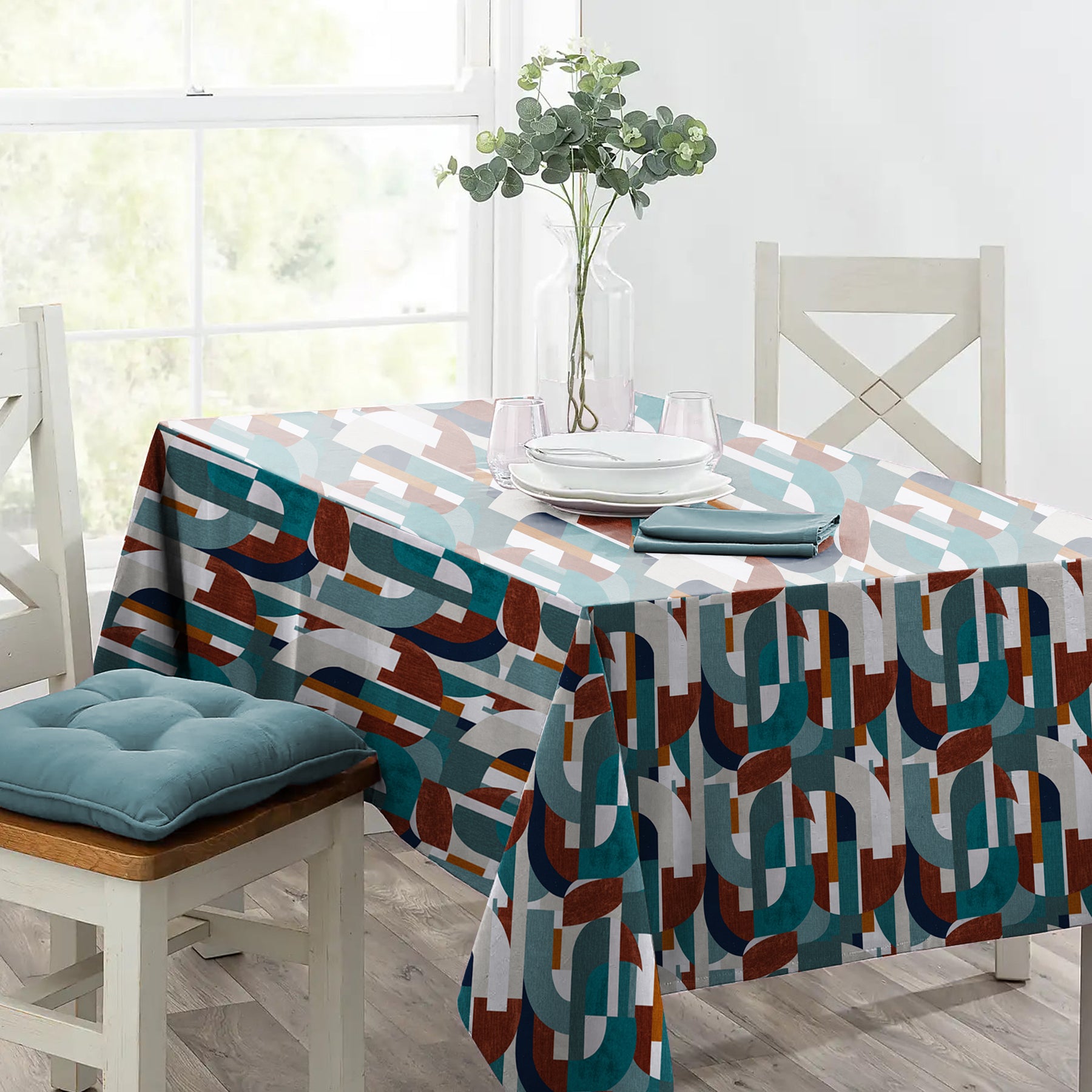 ILLUSION CURVES TEAL/BROWN TABLE CLOTH