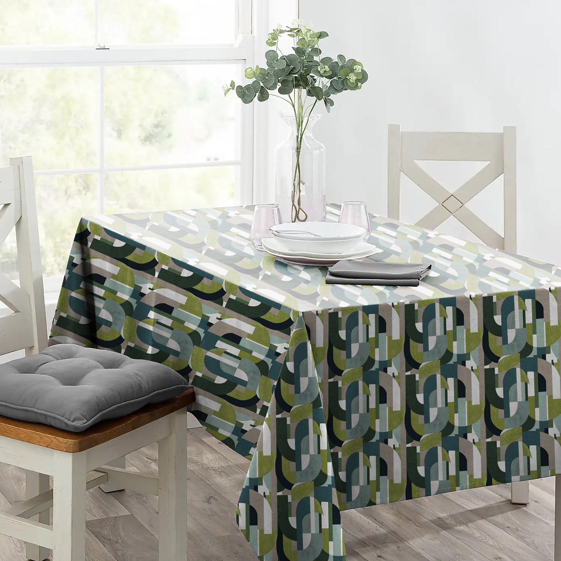 ILLUSION CURVES TEAL/OLIVE TABLE CLOTH