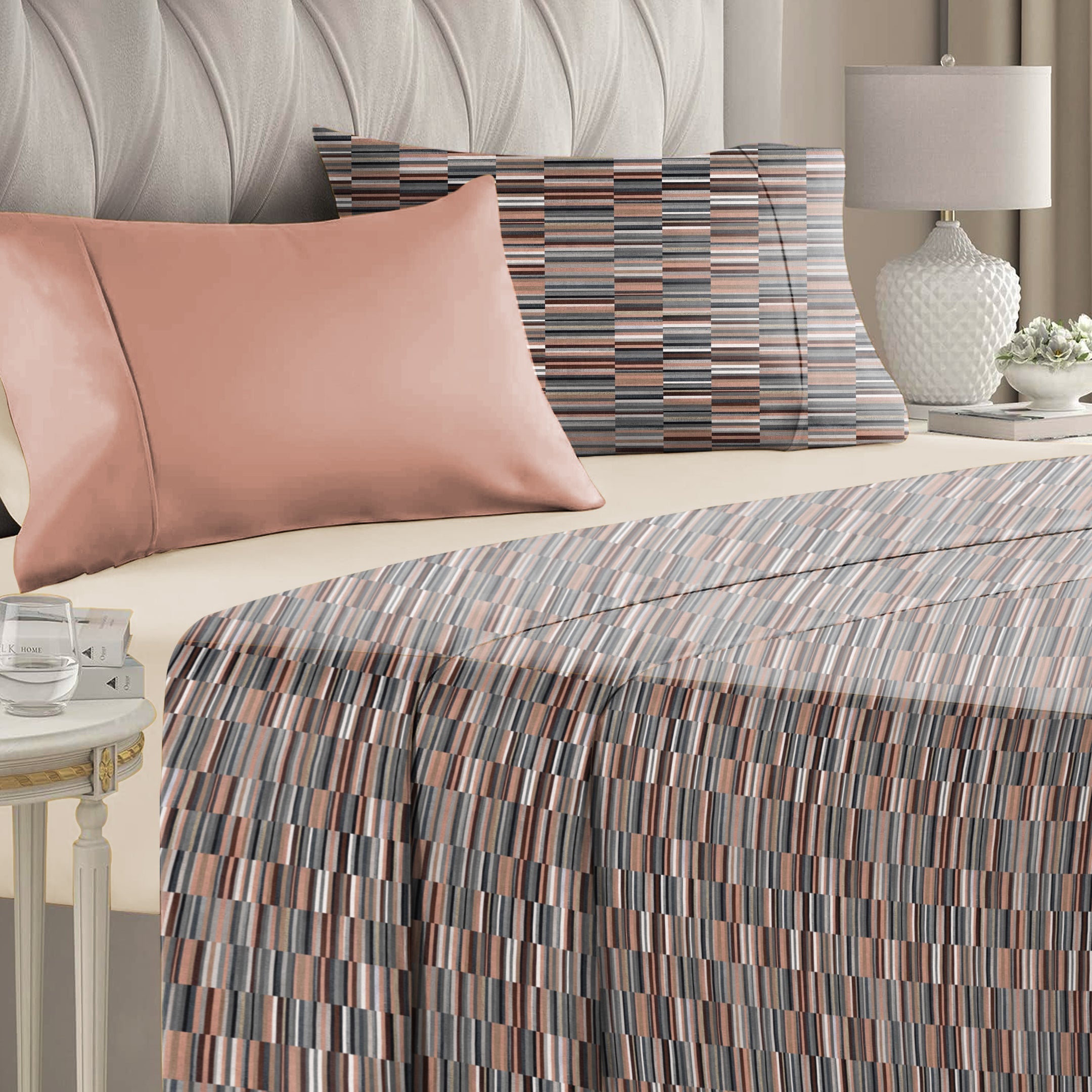 Illusion Dash Bedsheet for Double Bed with 2 PillowCovers King Size (104" X 90") Terracotta/Coffee (Copy)