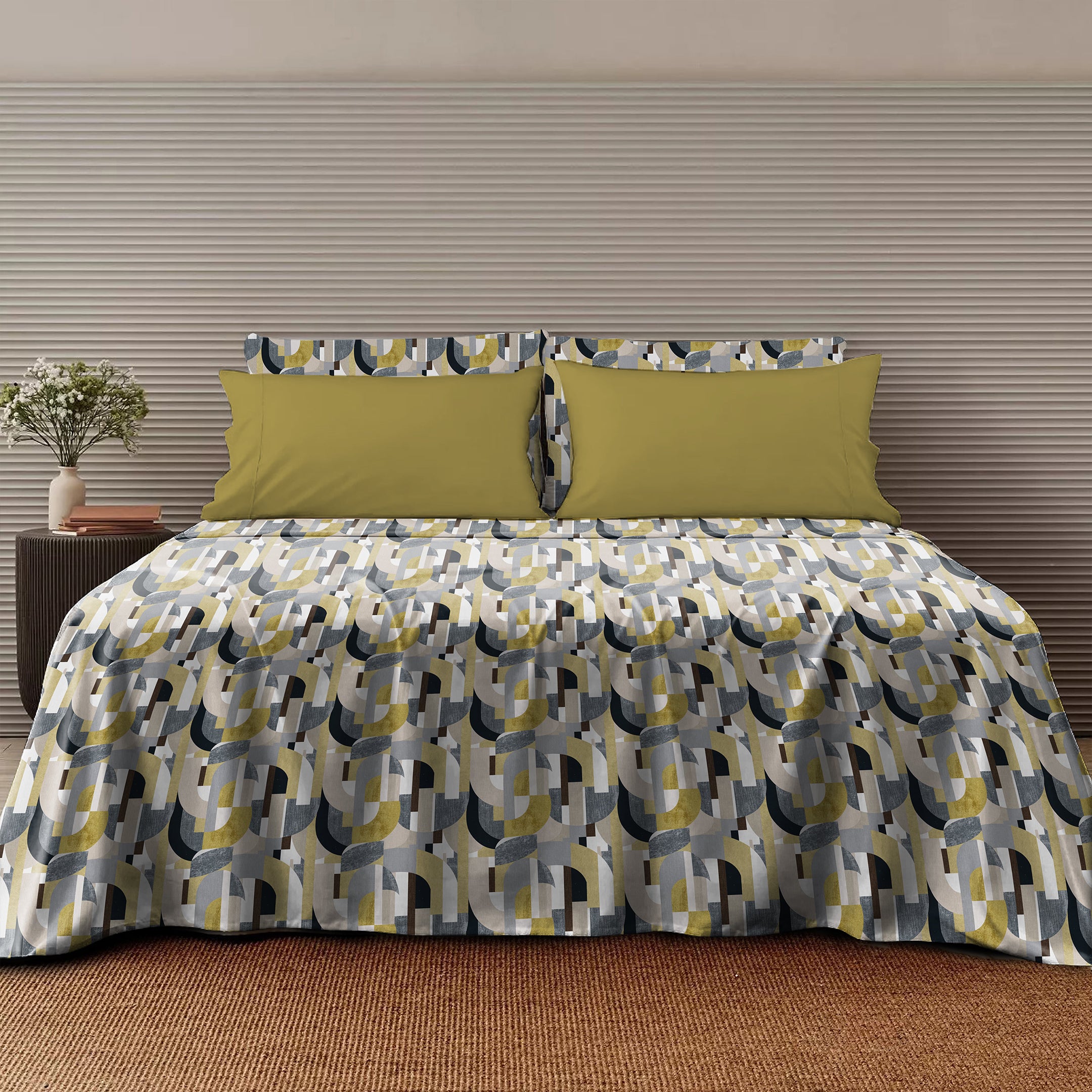 illustion Curves Bedsheet for Double Bed with 2 PillowCovers King Size (104" X 90") Yellow/Grey