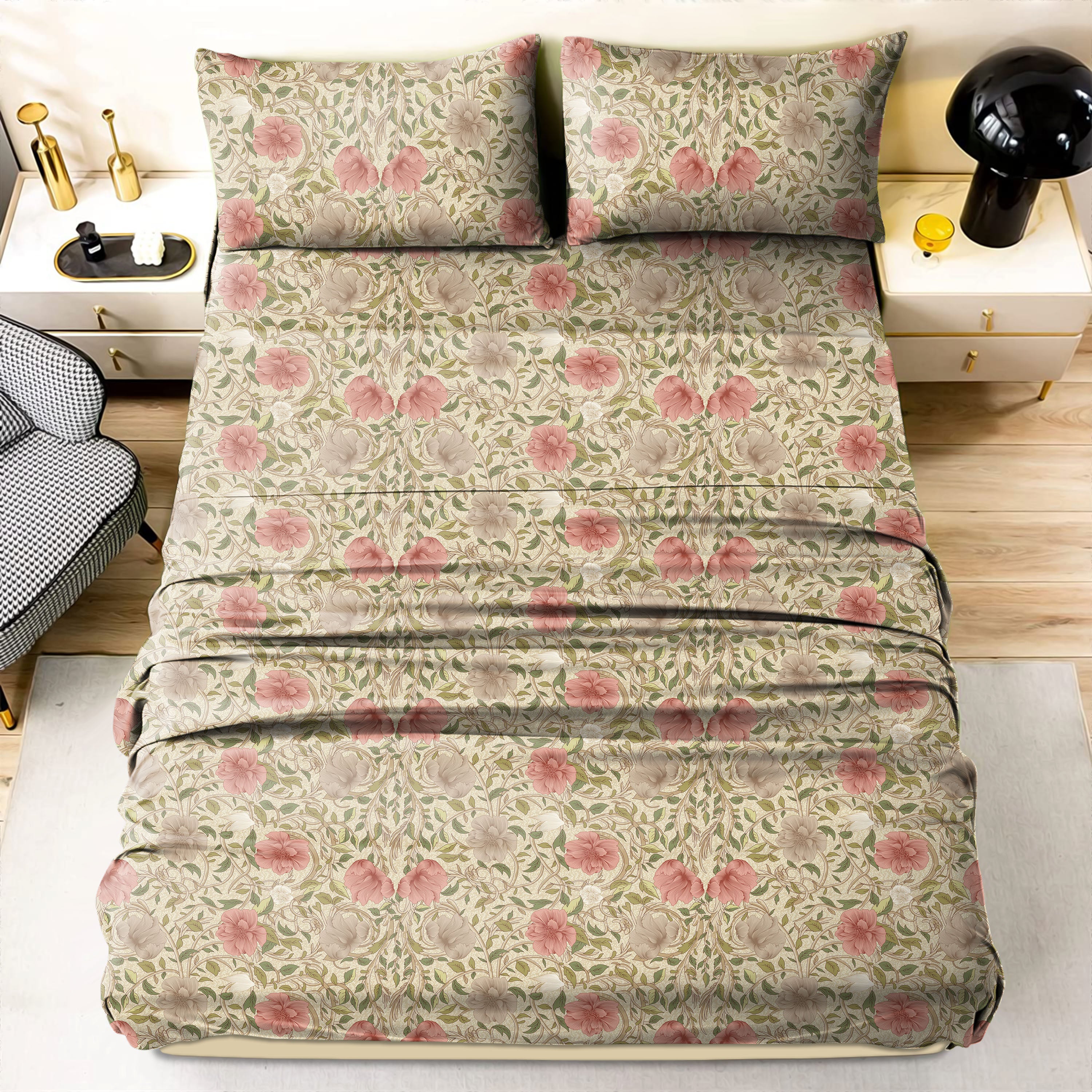 Pink Heritage Bedsheet for Double Bed with 2 Pillow Covers King Size (104" X 90")