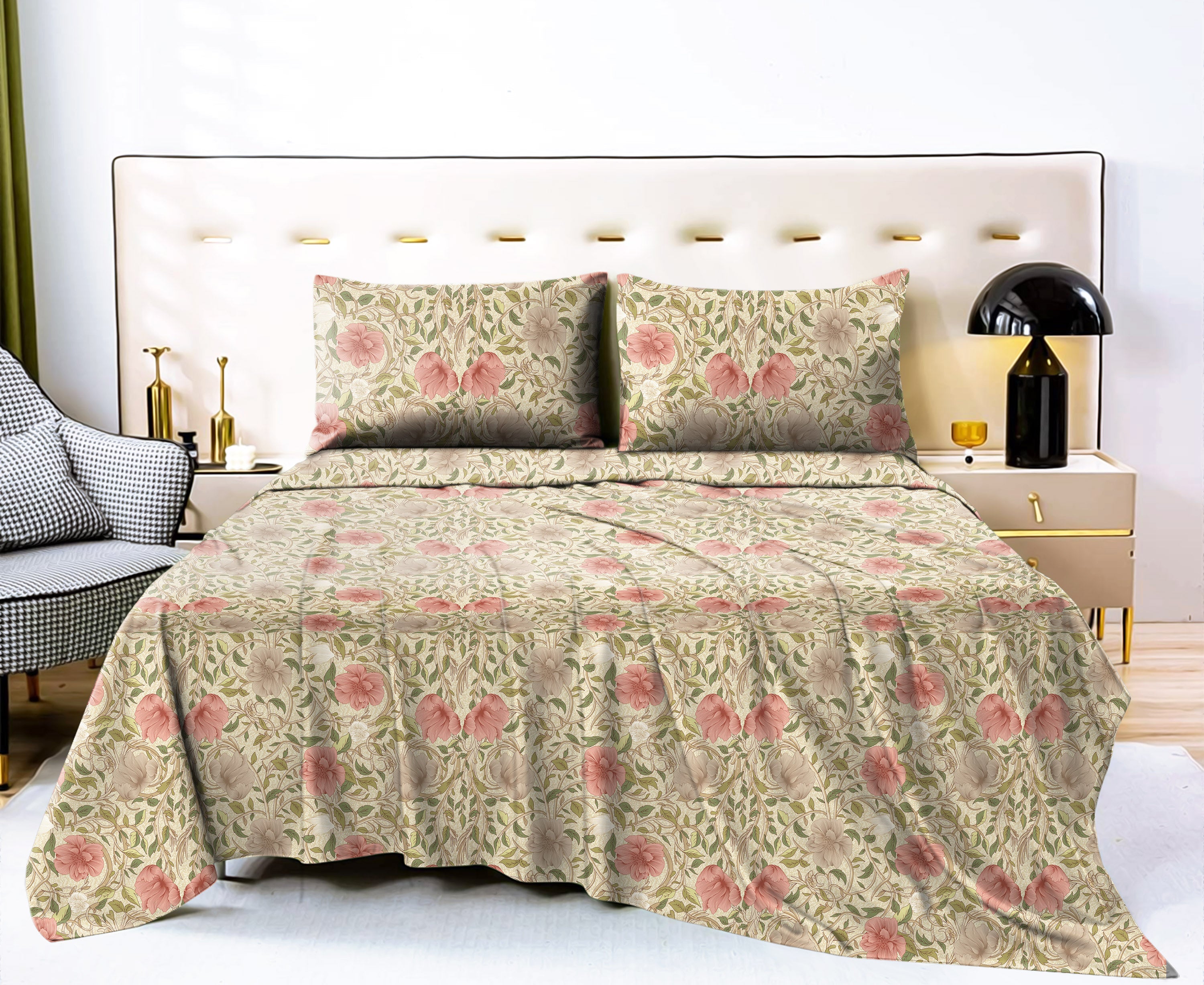 Pink Heritage Bedsheet for Double Bed with 2 Pillow Covers King Size (104" X 90")