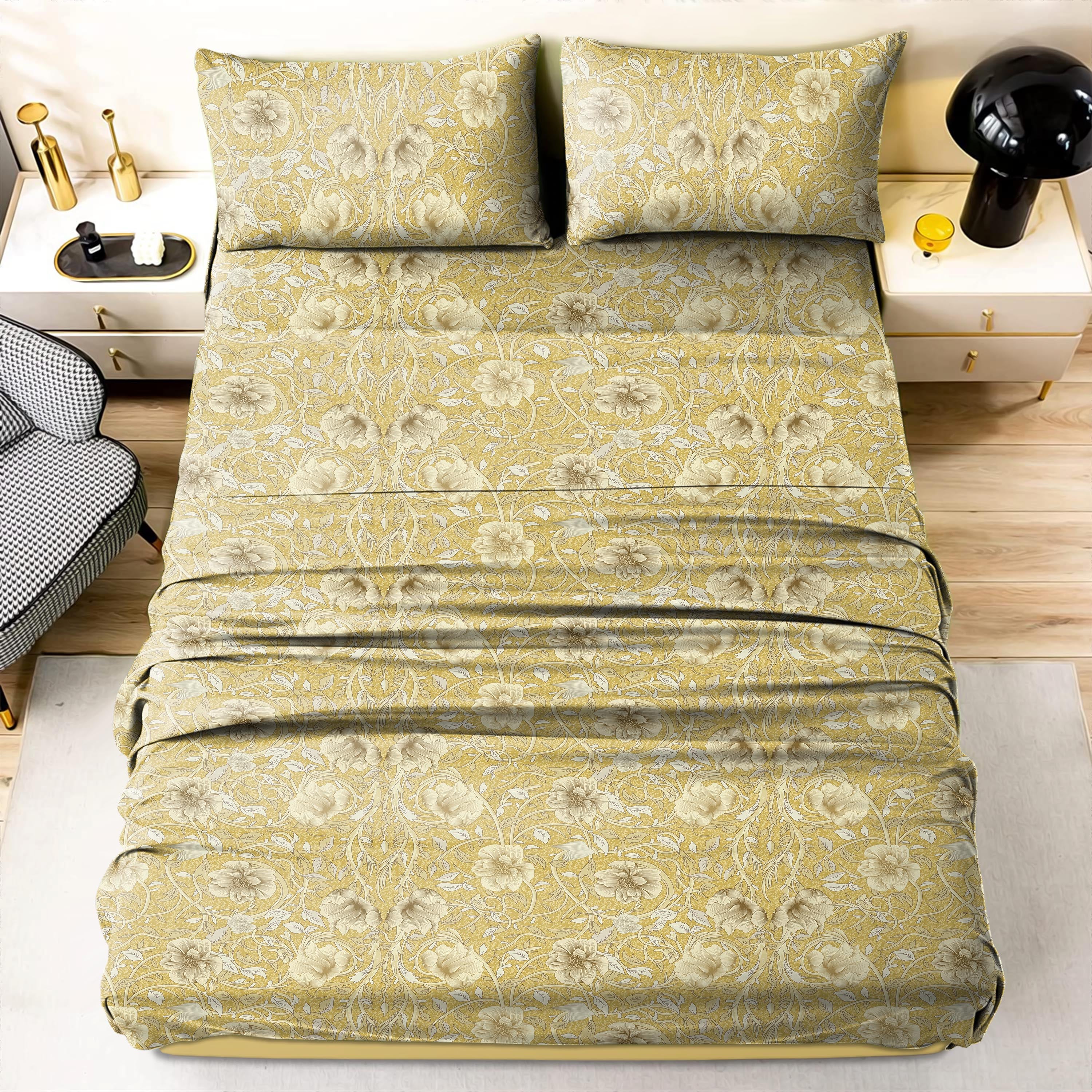 Heritage Mustard Bedsheet for Double Bed with 2 PillowCovers Size (104" X 90")