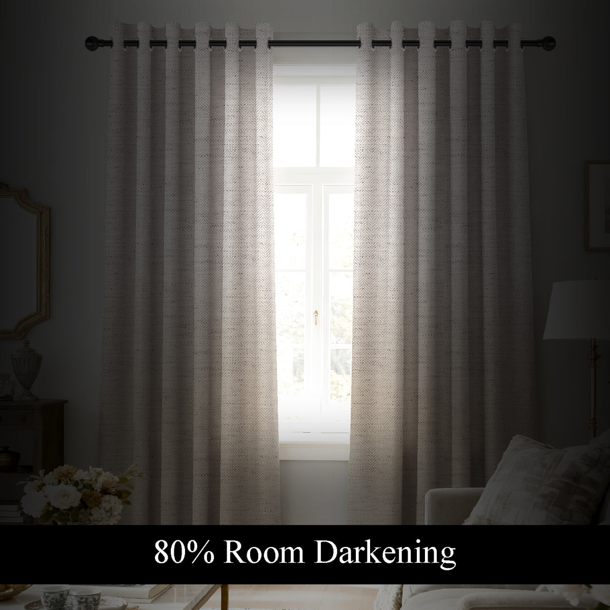 KIVORA BEIGE PRINTED ROOM DARKENING CURTAIN