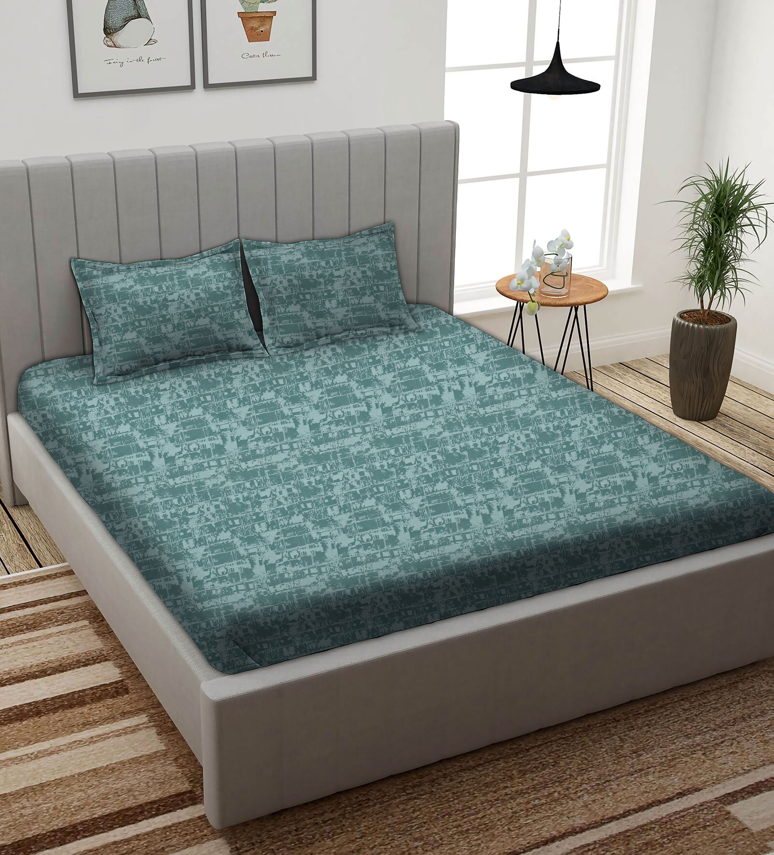 Leo DarkSea-Green Bedcover for Double Bed with 2 Pillow Covers King Size (104" X 90")