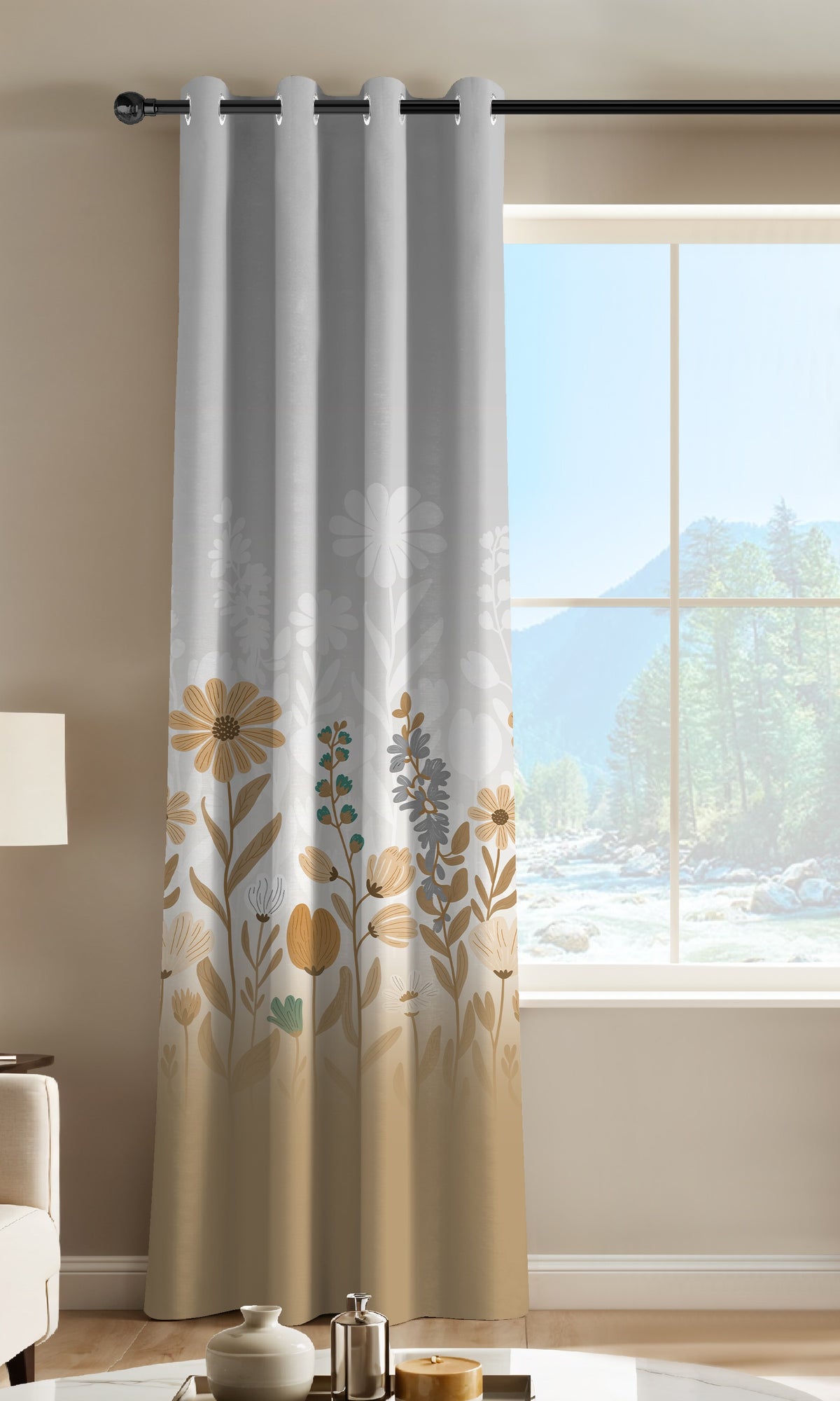 FLORA NATURAL BEIGE  PRINTED ROOM DARKENING CURTAIN