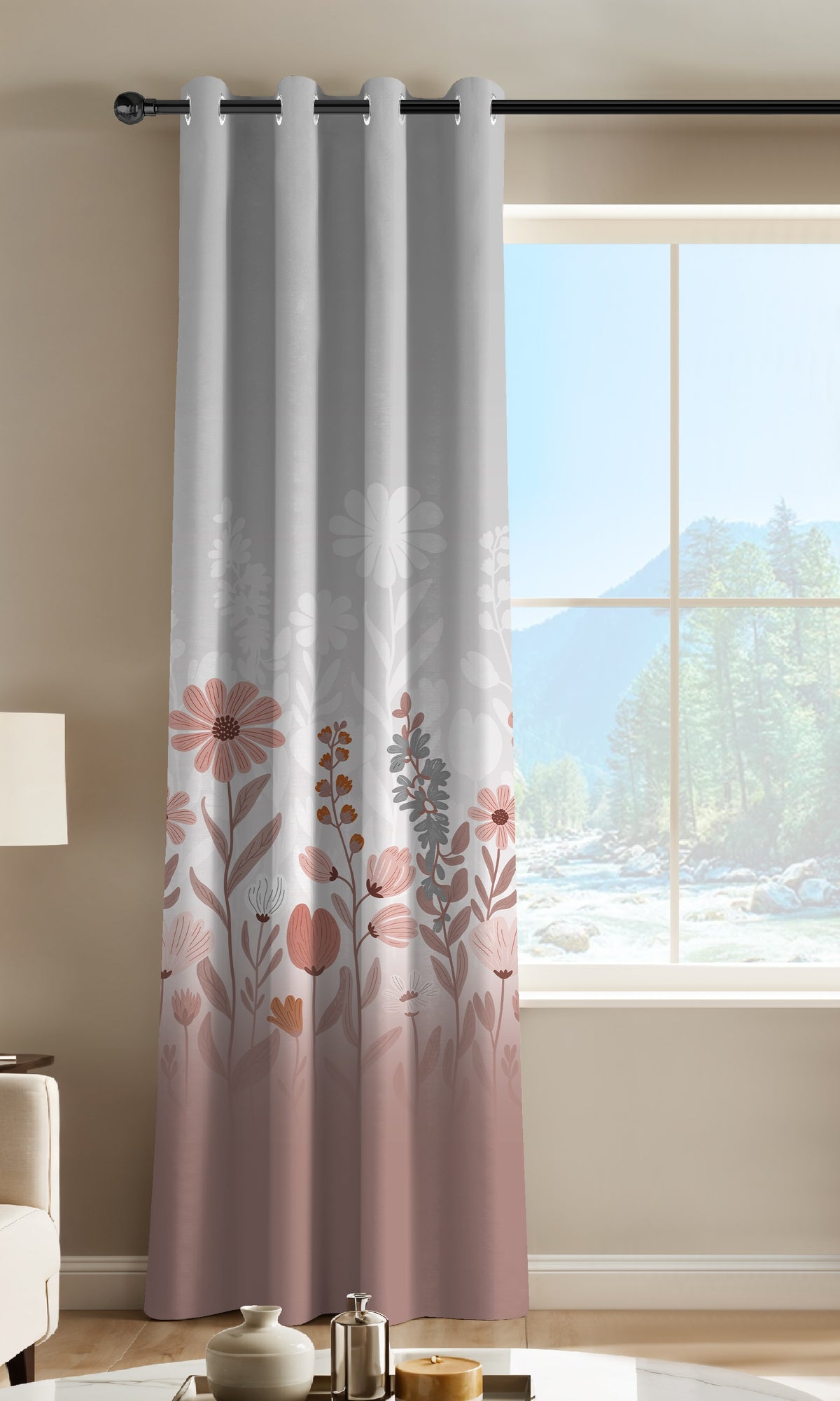 FLORA ROSE BEIGE PRINTED ROOM DARKENING CURTAIN