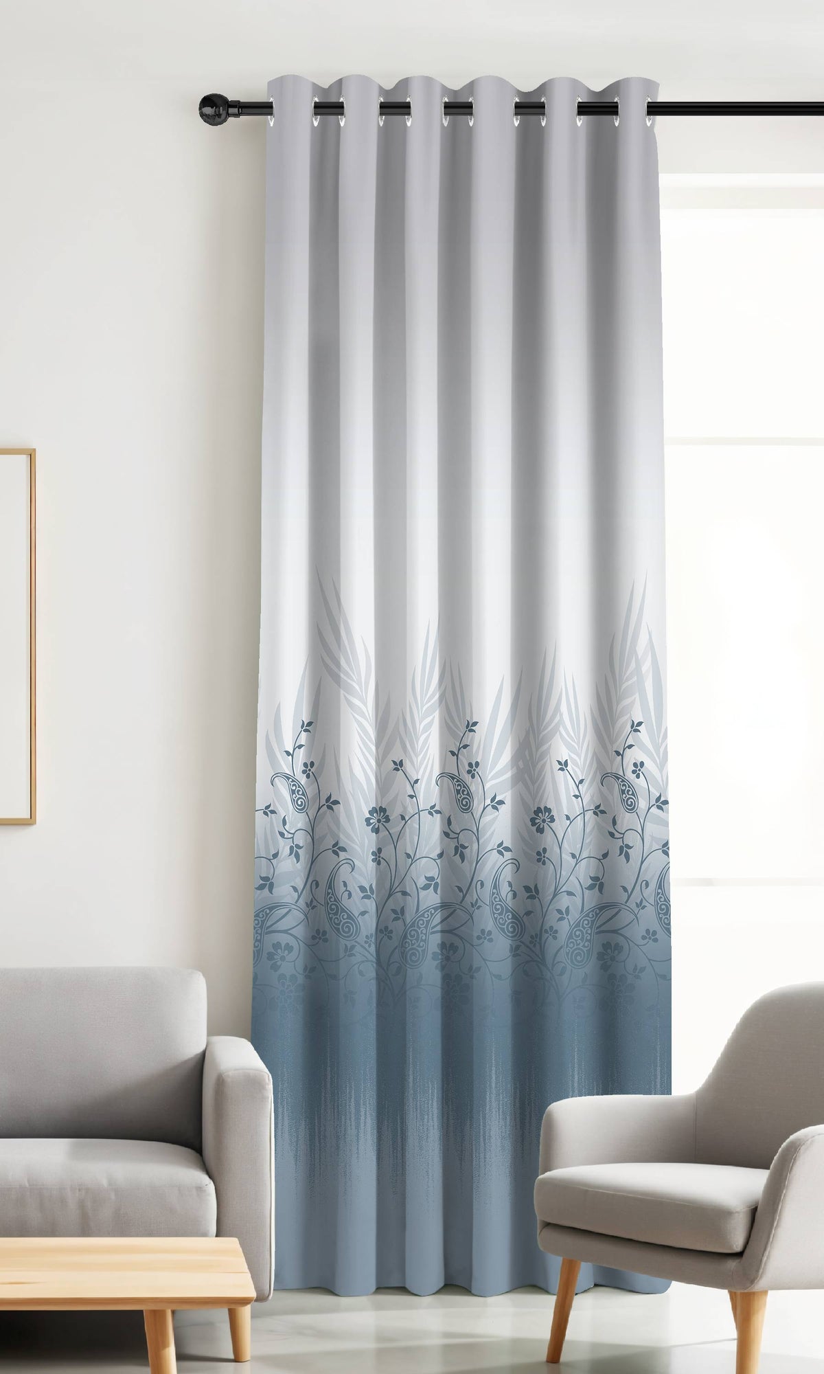 VINTORA STEEL BLUE PRINTED ROOM DARKENING CURTAIN