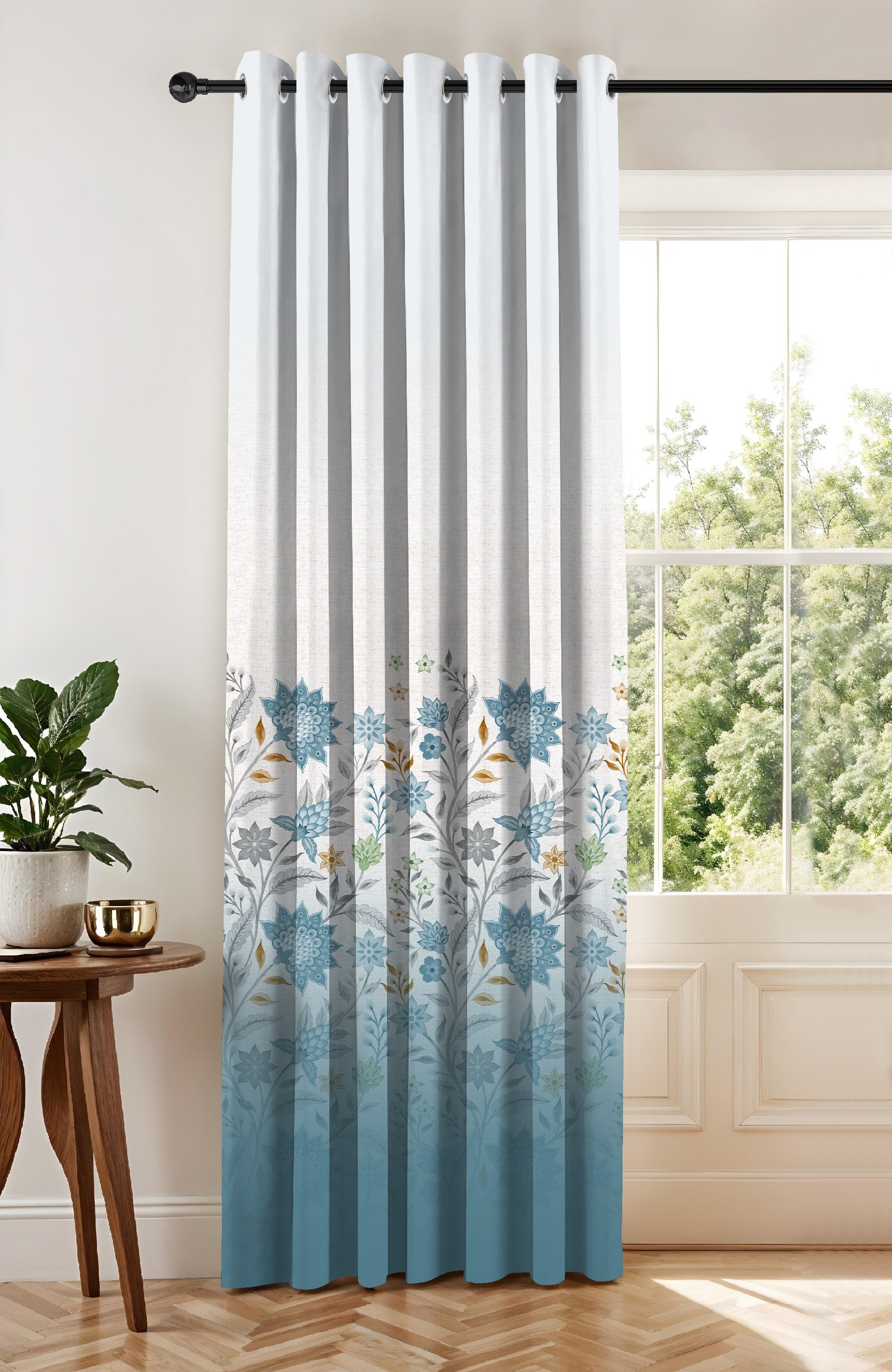 MAGNOLIA DUSTY CYAN PRINTED ROOM DARKENING CURTAIN