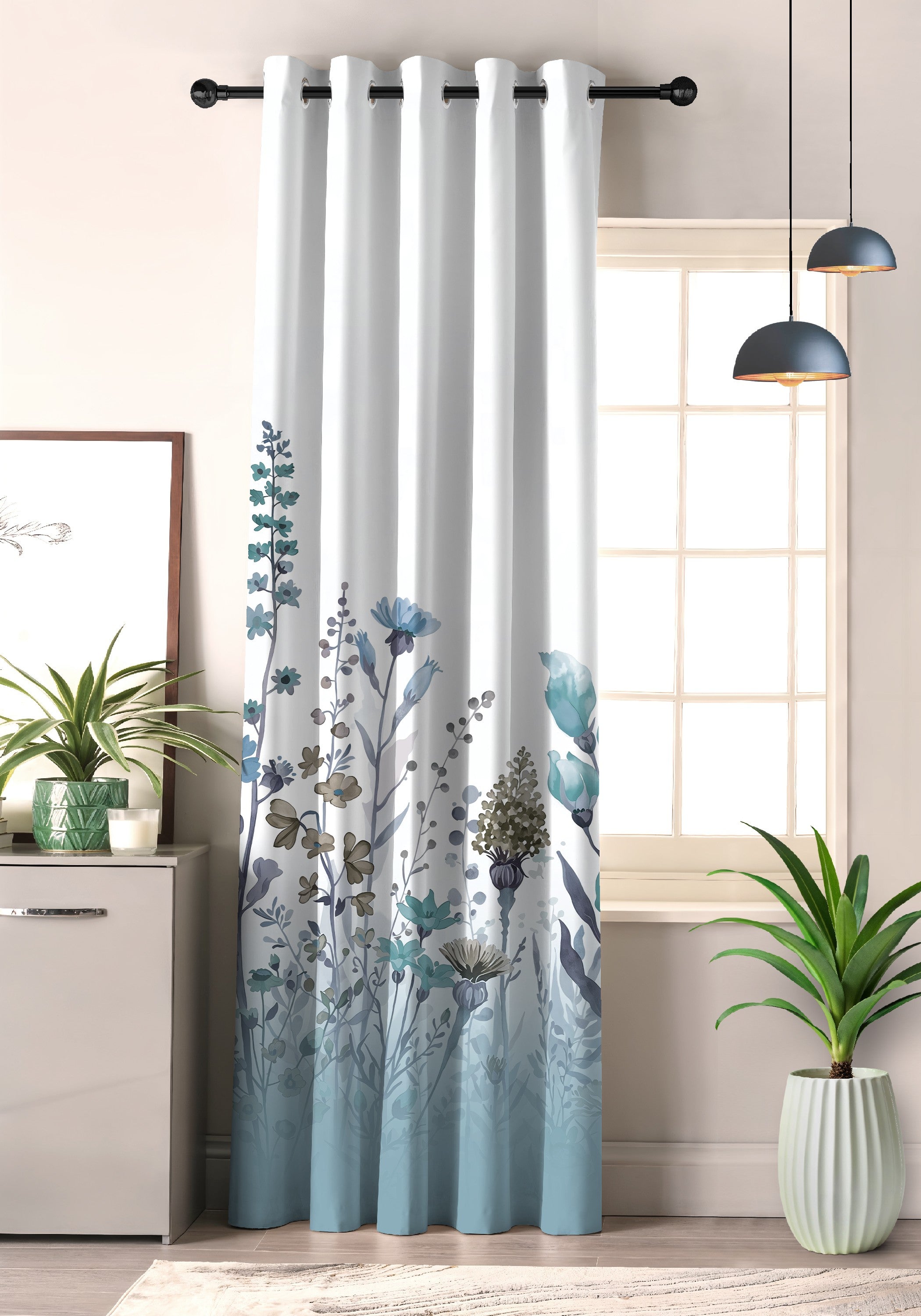 BLOSSOM STEEL BLUE PRINTED ROOM DARKENING CURTAIN