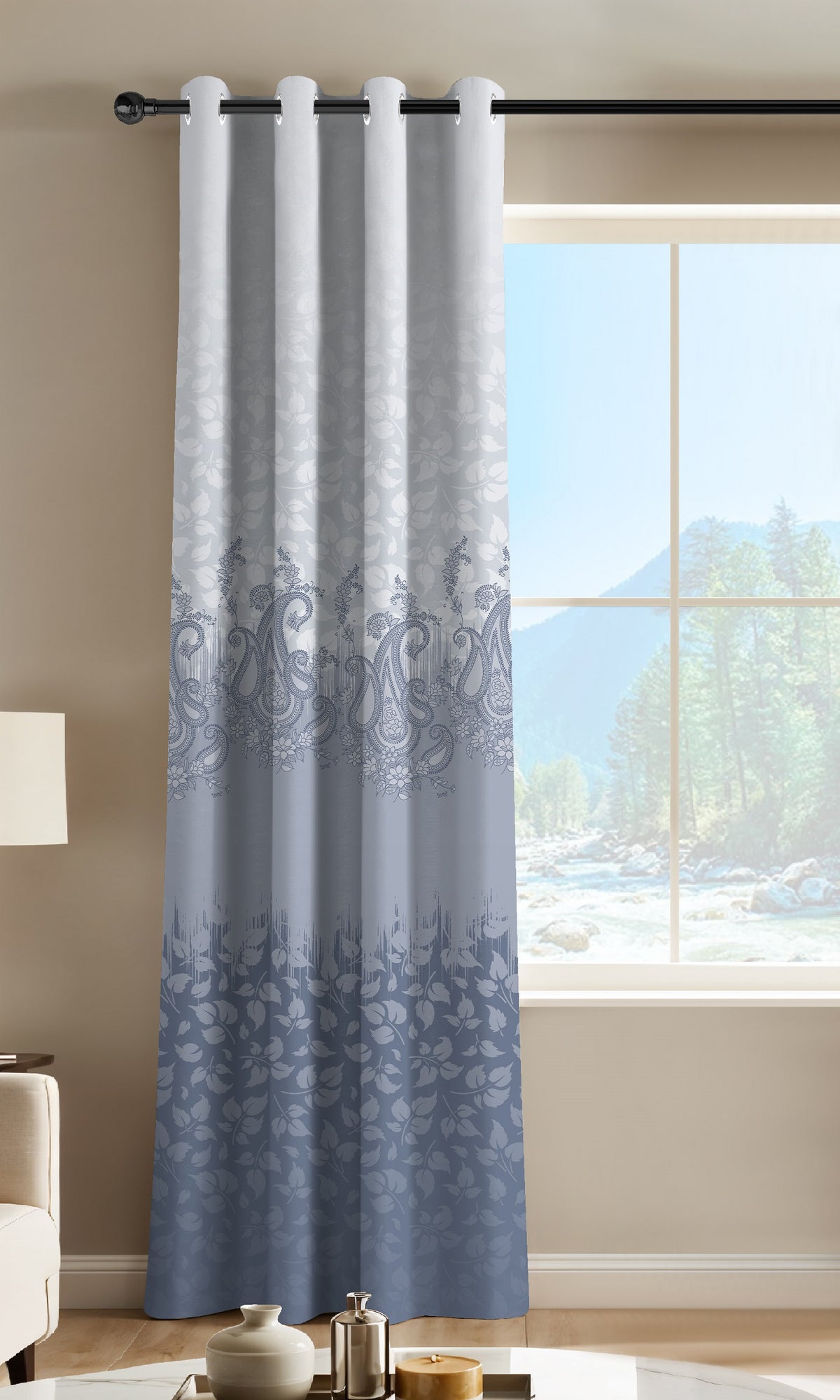 NAZAAKAT STEEL BLUE PRINTED ROOM DARKENING CURTAIN