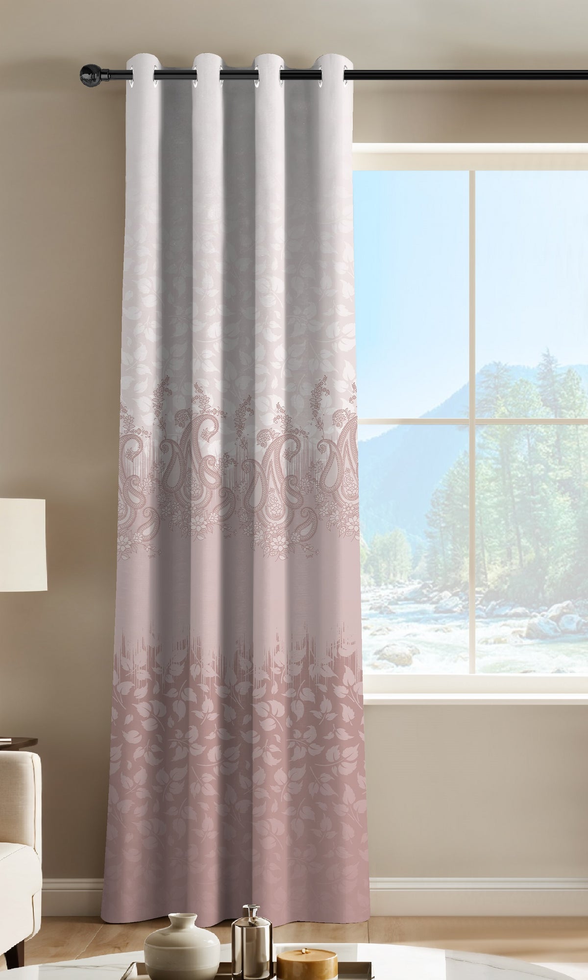 NAZAAKAT ROSE BEIGE  PRINTED ROOM DARKENING CURTAIN