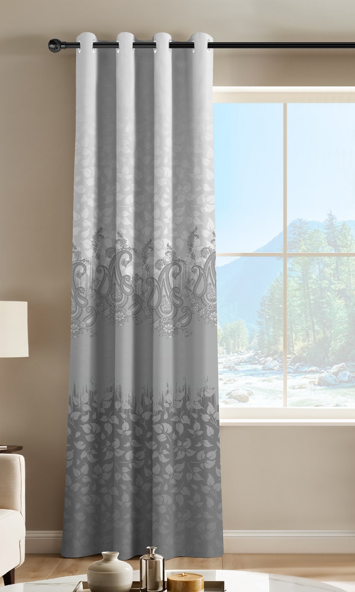 NAZAAKAT PEWTER GREY PRINTED ROOM DARKENING CURTAIN