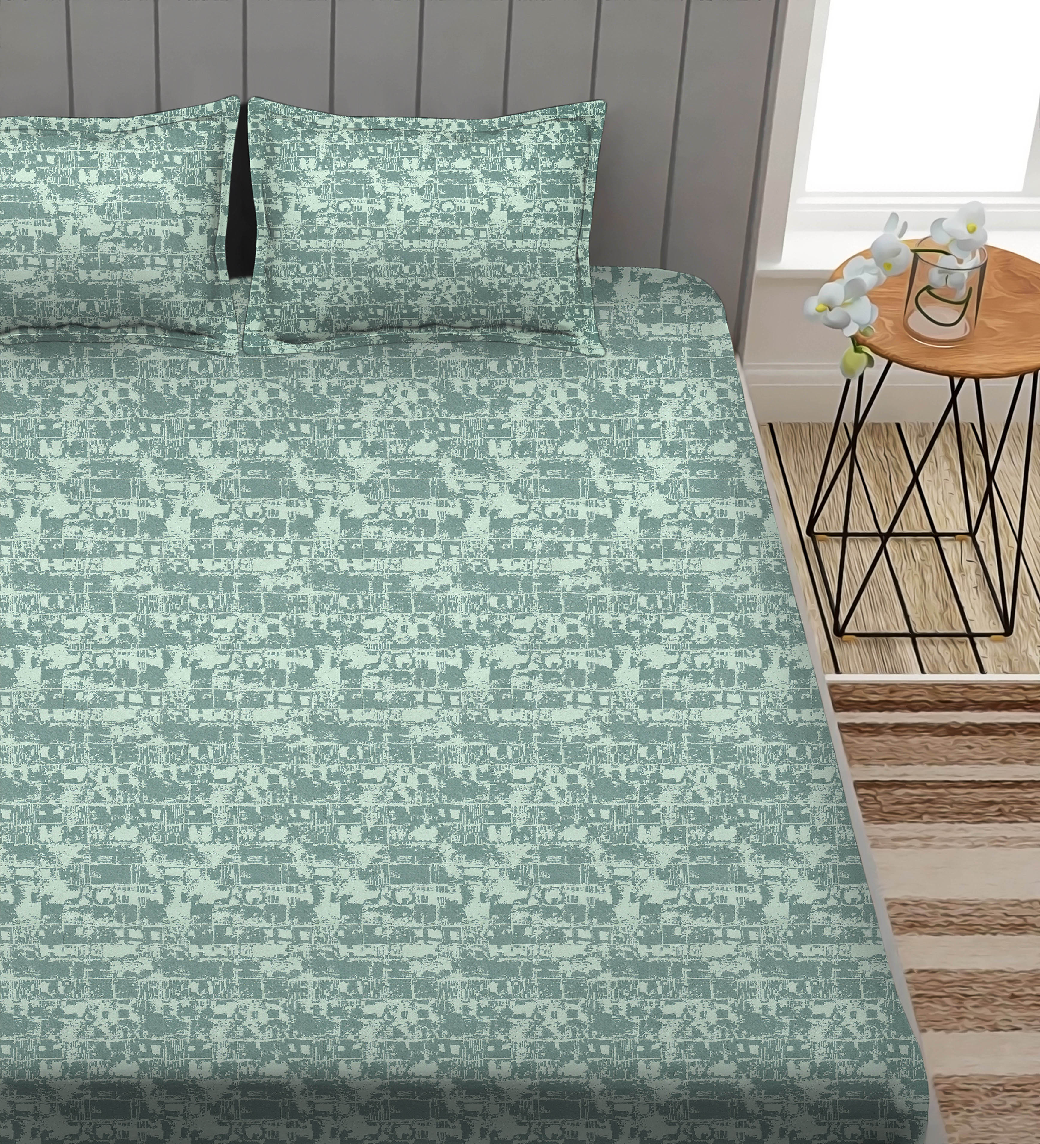 Leo Sea-Green Bedcover for Double Bed with 2 Pillow Covers King Size (104" X 90")
