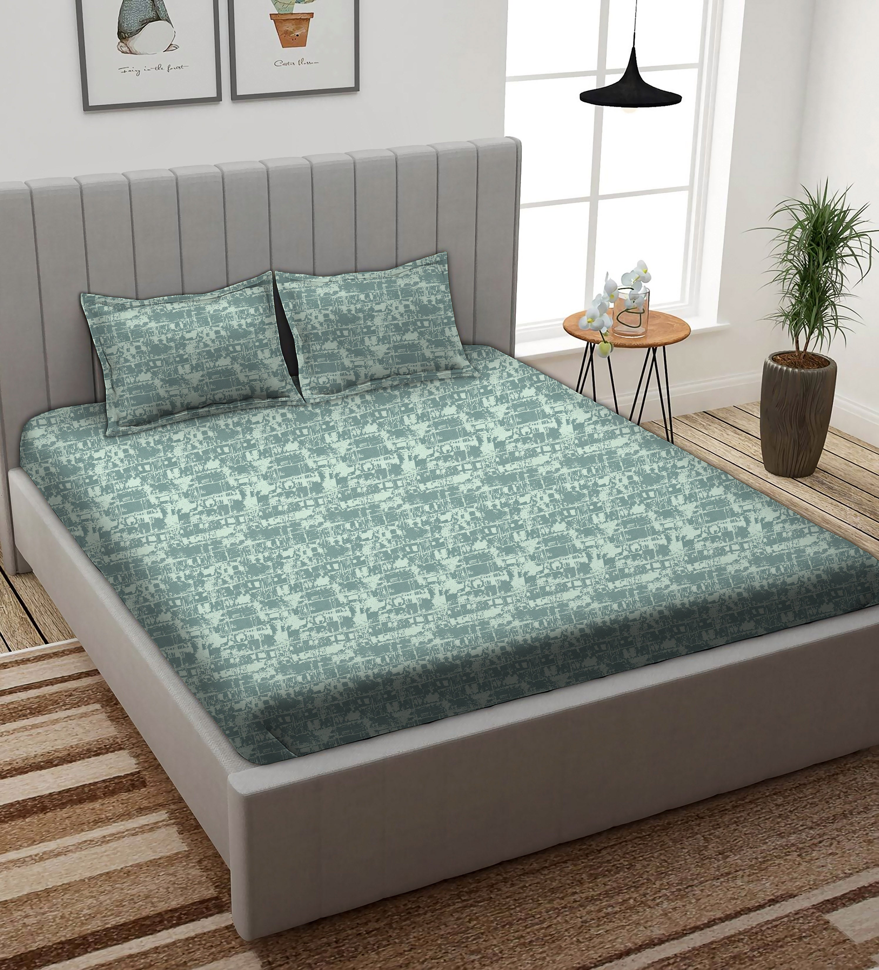 Leo Sea-Green Bedcover for Double Bed with 2 Pillow Covers King Size (104" X 90")