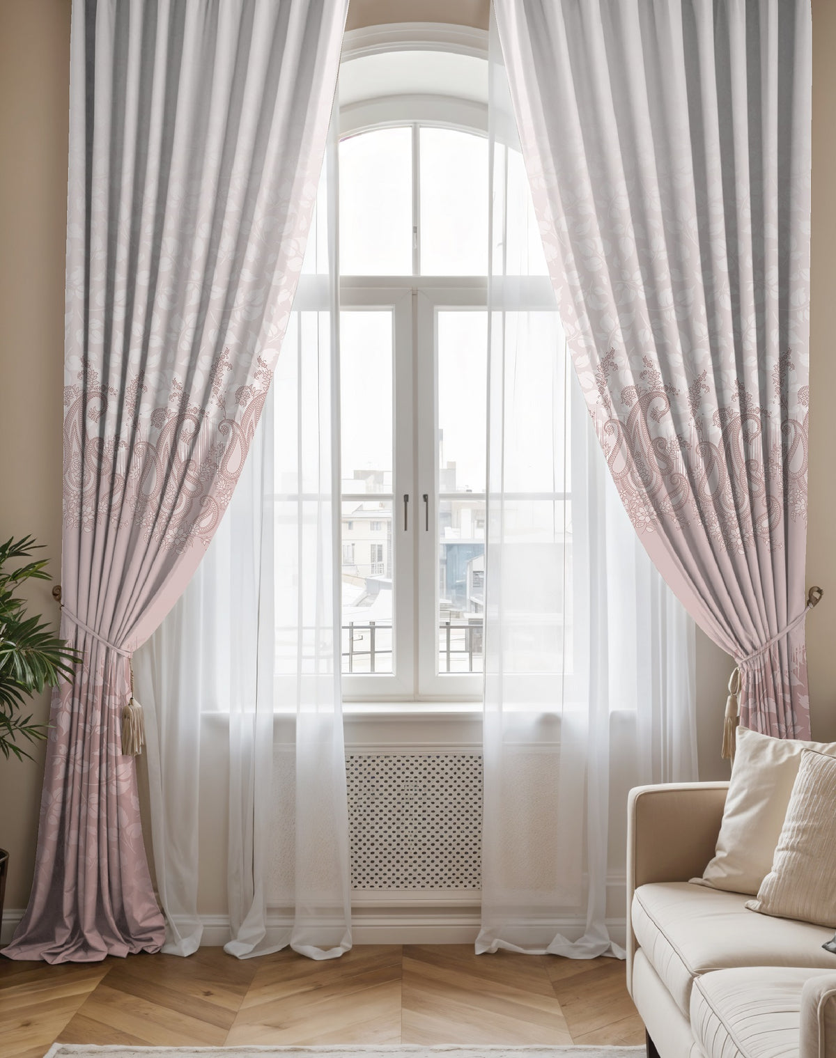 NAZAAKAT ROSE BEIGE  PRINTED ROOM DARKENING CURTAIN