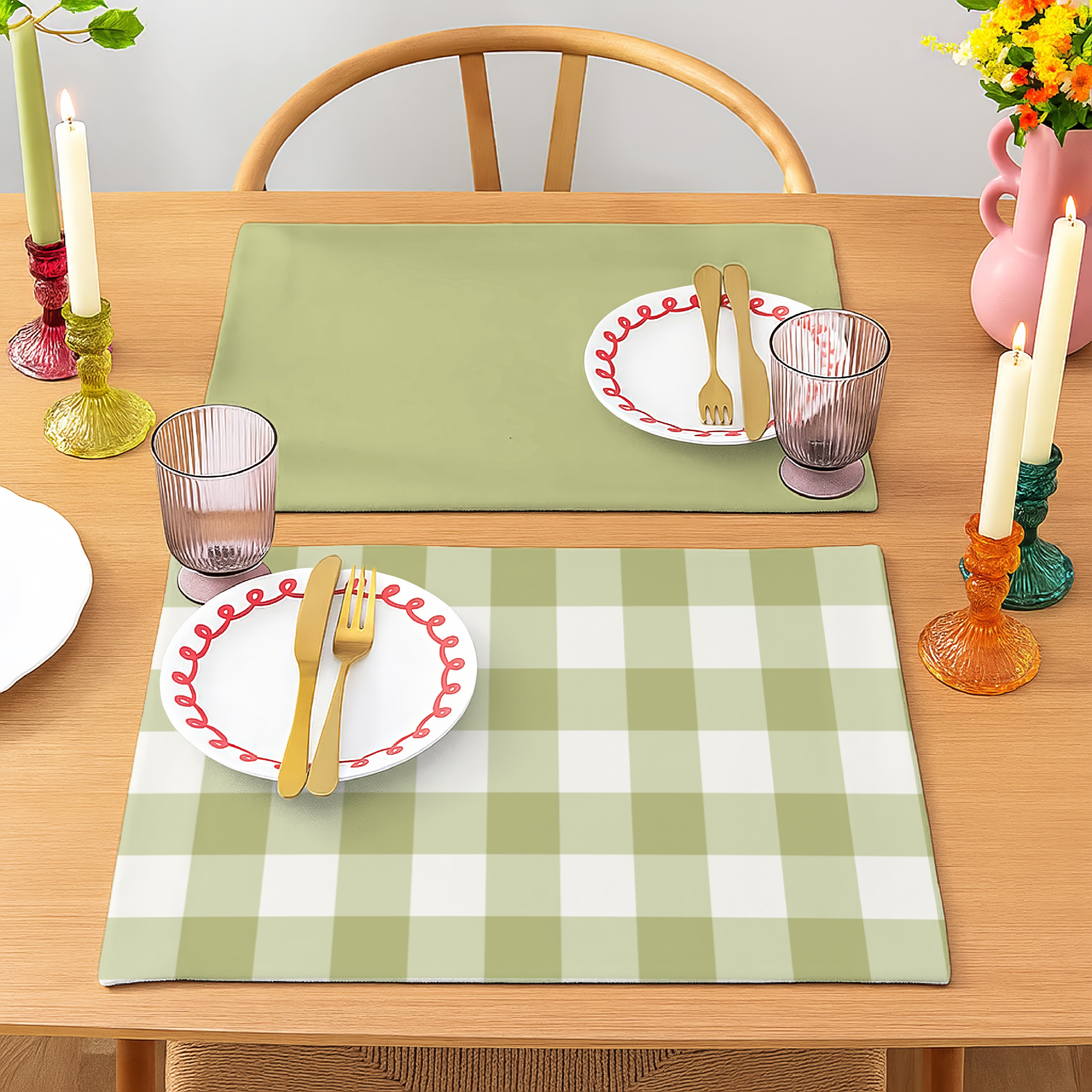 SPRING GALLERY OLIVE GREEN BIG CHECK REVERSIBLE PLACEMATS