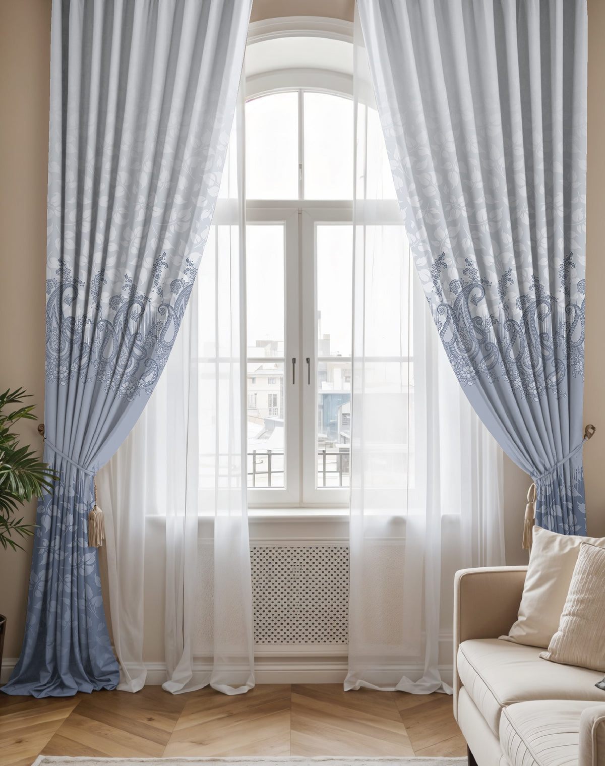 NAZAAKAT STEEL BLUE PRINTED ROOM DARKENING CURTAIN